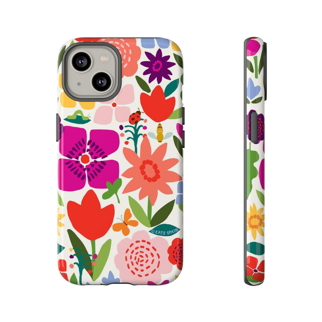 Happy Blooms Tough iPhone 14 Case – Glossy | cream, red, magenta, coral botanical floral print