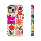 Happy Blooms Tough iPhone 14 Case – Glossy | cream, red, magenta, coral botanical floral print