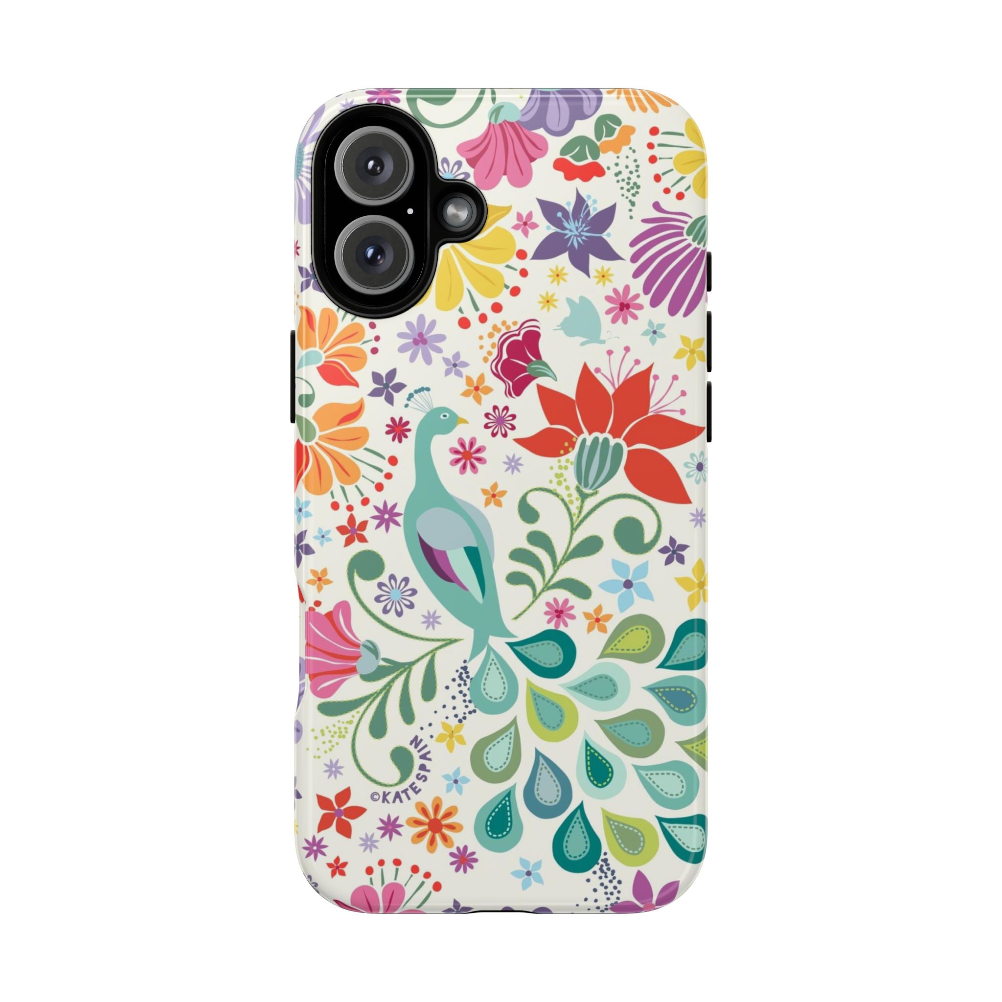 Peacock Sanctuary Tough iPhone 16 Plus Case – Glossy | white, teal, coral multicolor vibrant peacock feather botanical print