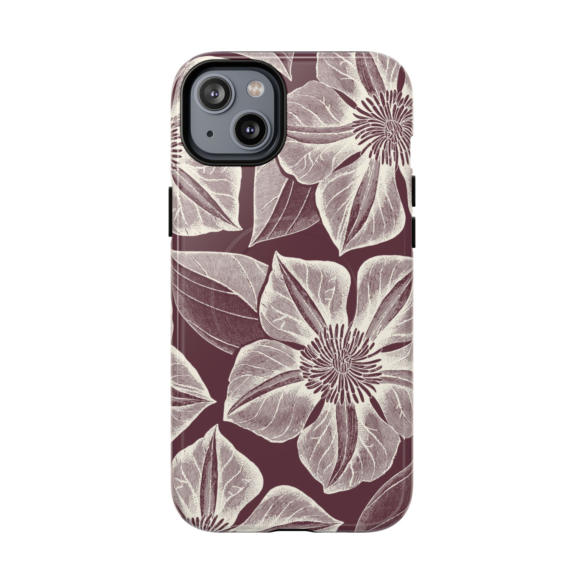 Vintage Bloom Burgundy MagSafe iPhone 14 Pro Case – Matte | burgundy ground, large-scale cream clematis print, engraved petal detail, dual-layer protection