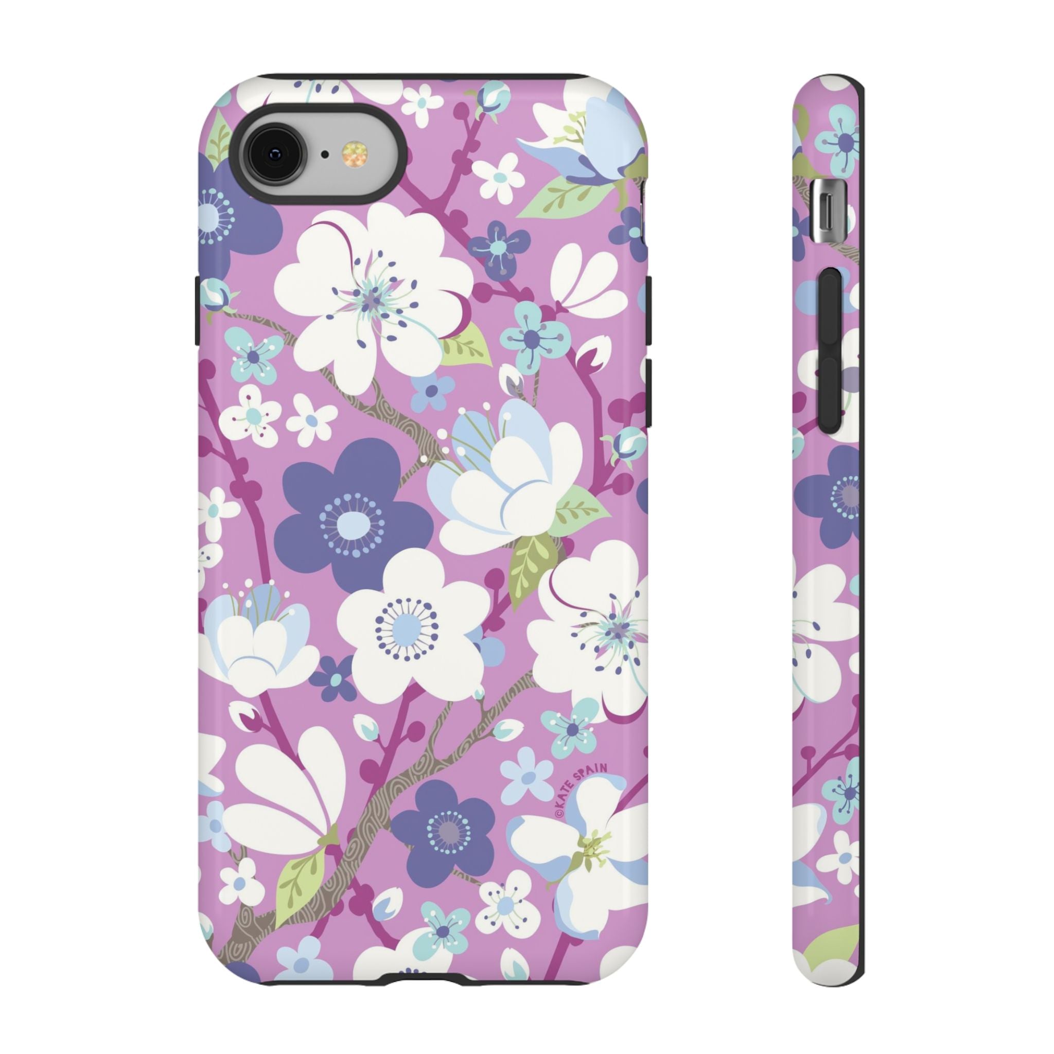 Luxury Cherry Blossom Tough iPhone 8 Case – Glossy | mauve, purple, blue, white cherry blossom print
