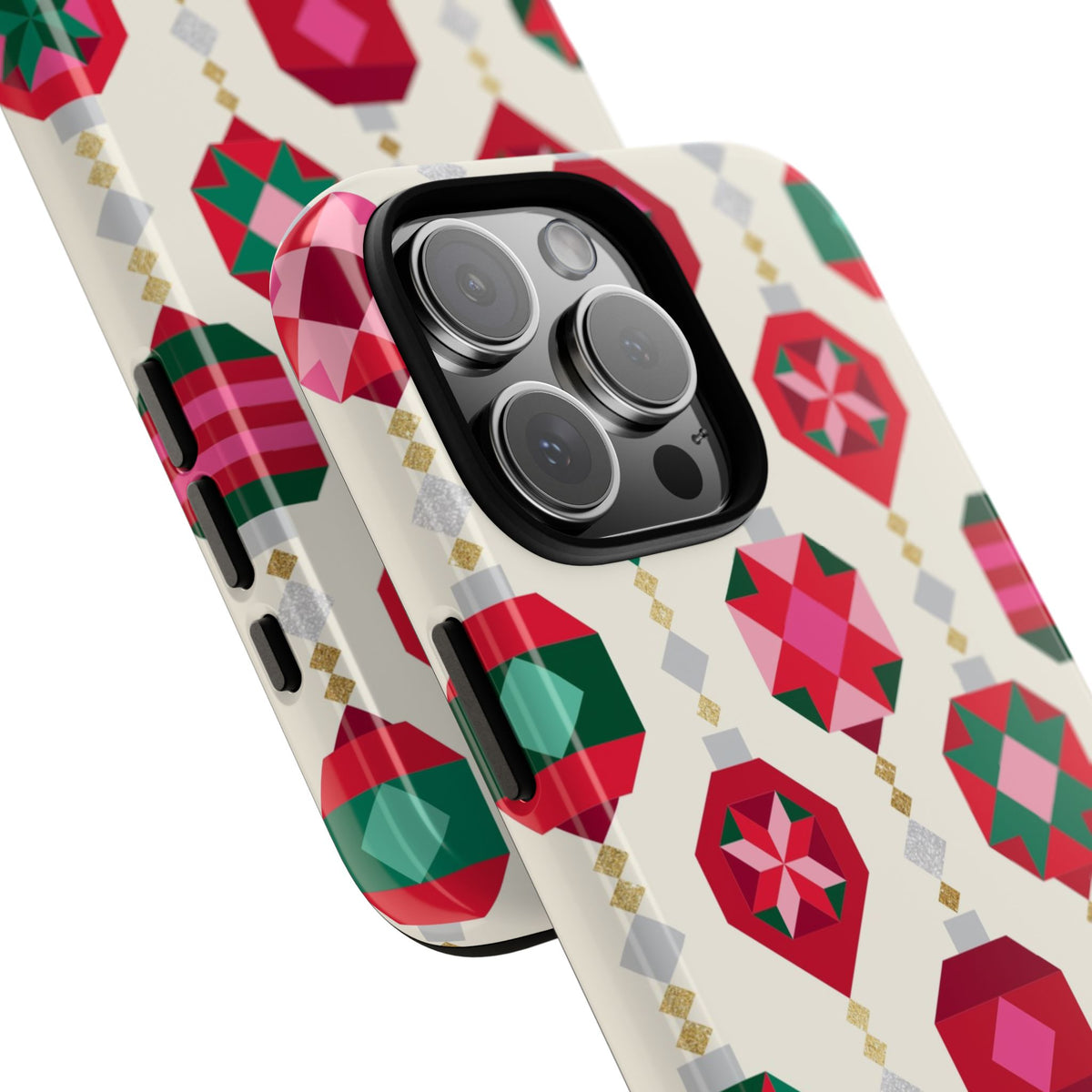 Felicity Ornaments Tough iPhone Case – detail view of case, camera cutout and buttons | holiday ornament print