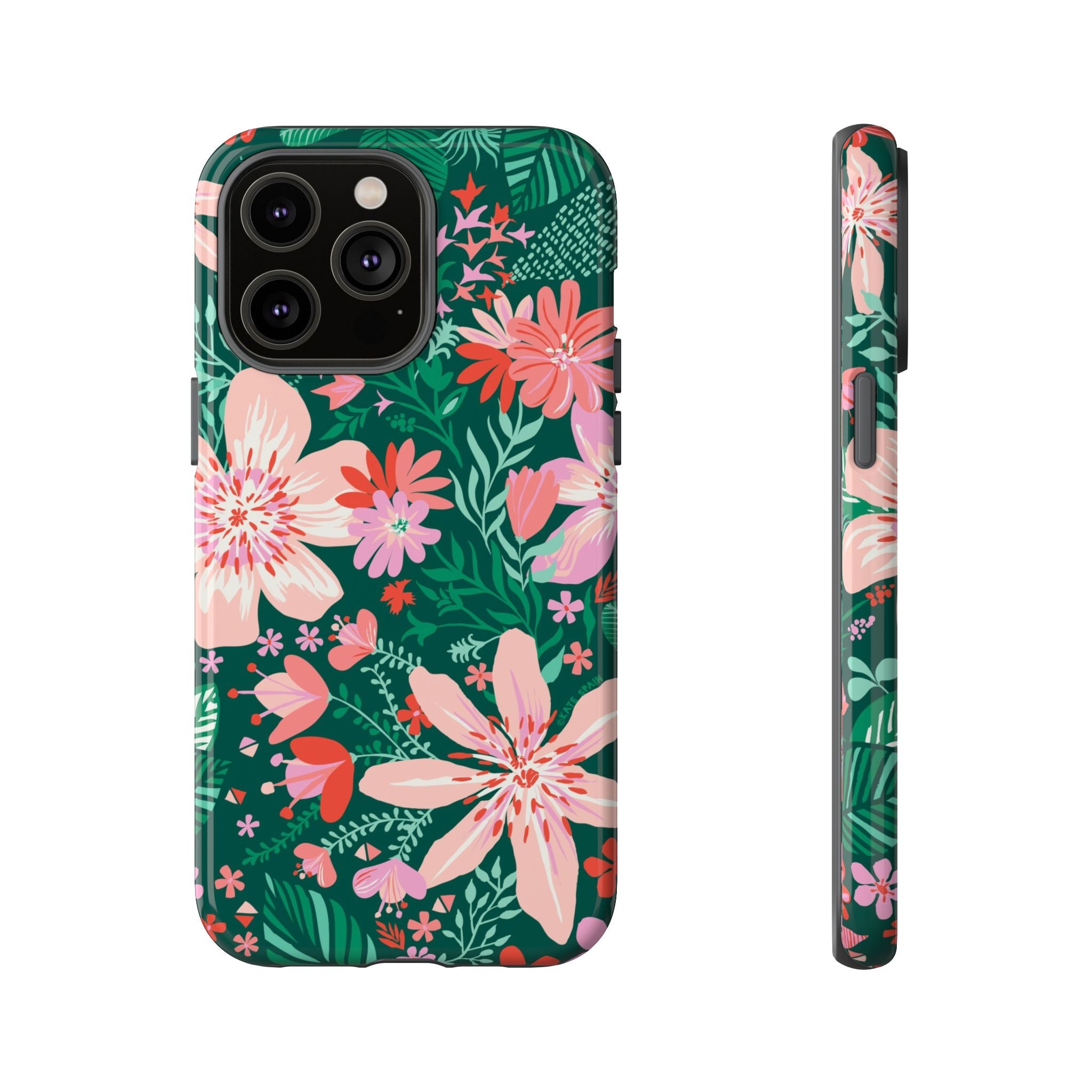 Bonaire Tough iPhone 14 Pro Max Case – Glossy | jade, pink, white tropical floral botanical print