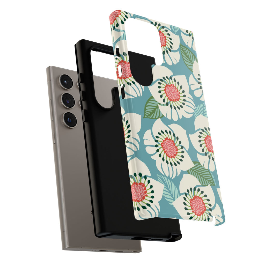 Artistic Panache Samsung Galaxy S24 Ultra Case – Glossy | close-up of layered construction of case in sky blue, pale cream, pink anemone floral print