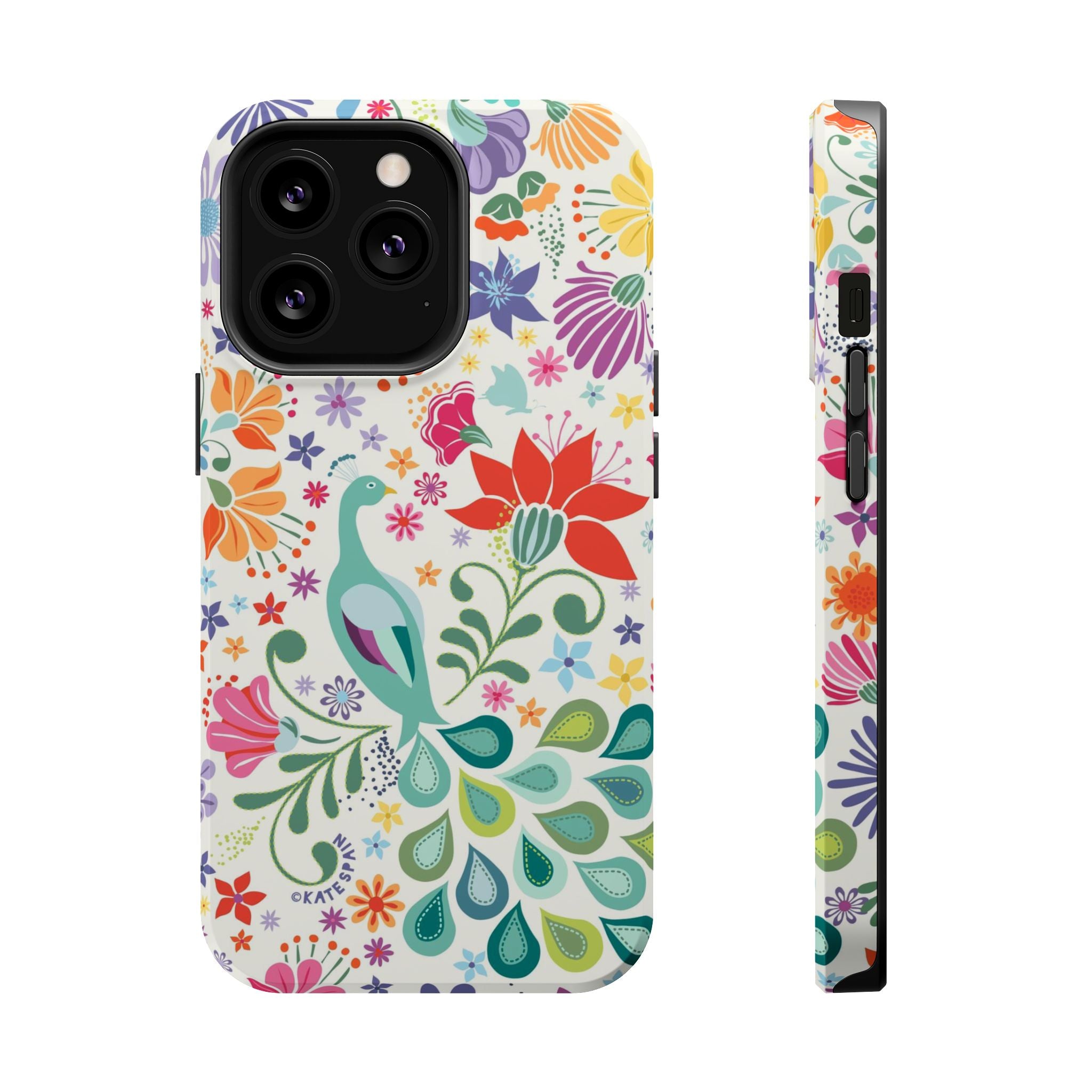 Peacock Sanctuary MagSafe iPhone 13 Pro Case – Glossy | ivory, teal, navy peacock botanical print MagSafe compatible, dual-layer protection