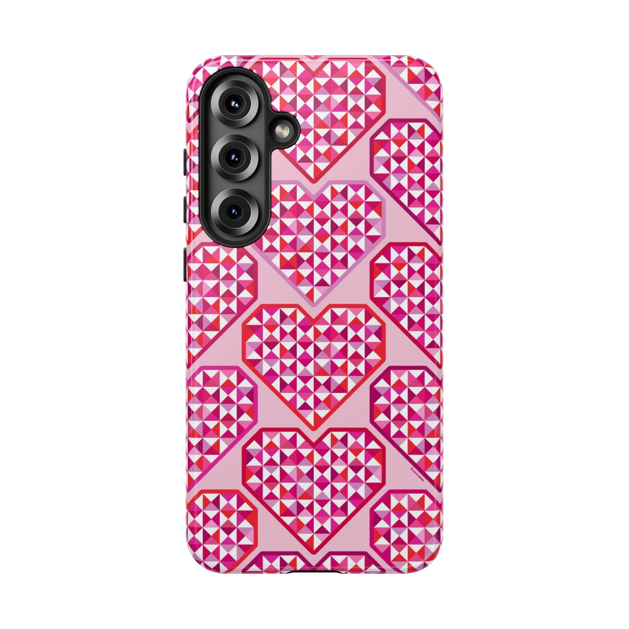 Pink Pyramid Heart Samsung Galaxy S25 Case – Matte | pink, magenta, white geometric heart pyramid print