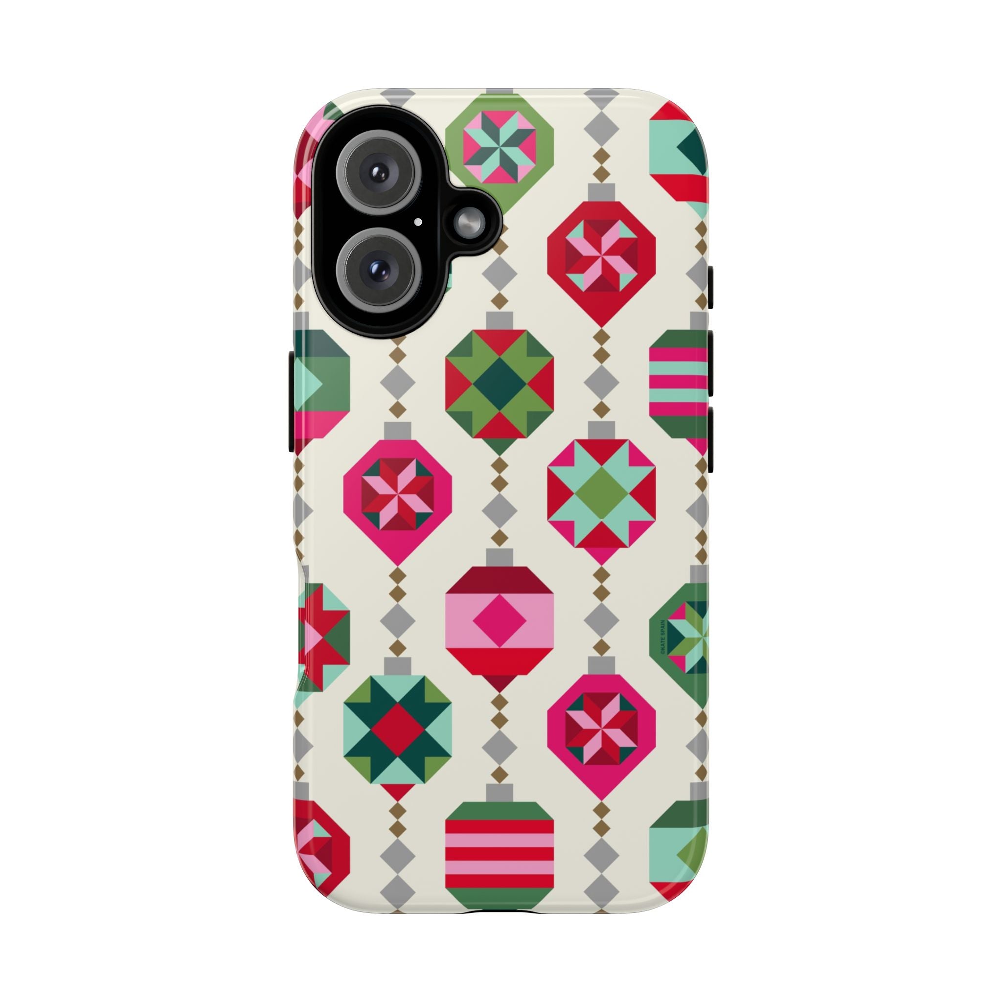 Felicity Ornaments Tough iPhone 16 Case – Glossy | cream, red, pink, green, mint geometric quilted ornament print