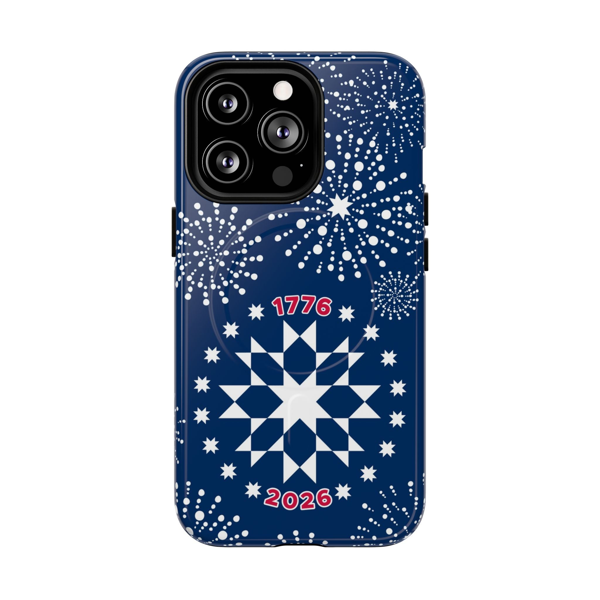 250th Fireworks MagSafe iPhone 13 Pro Case – Glossy | navy, white patriotic star quilt fireworks print