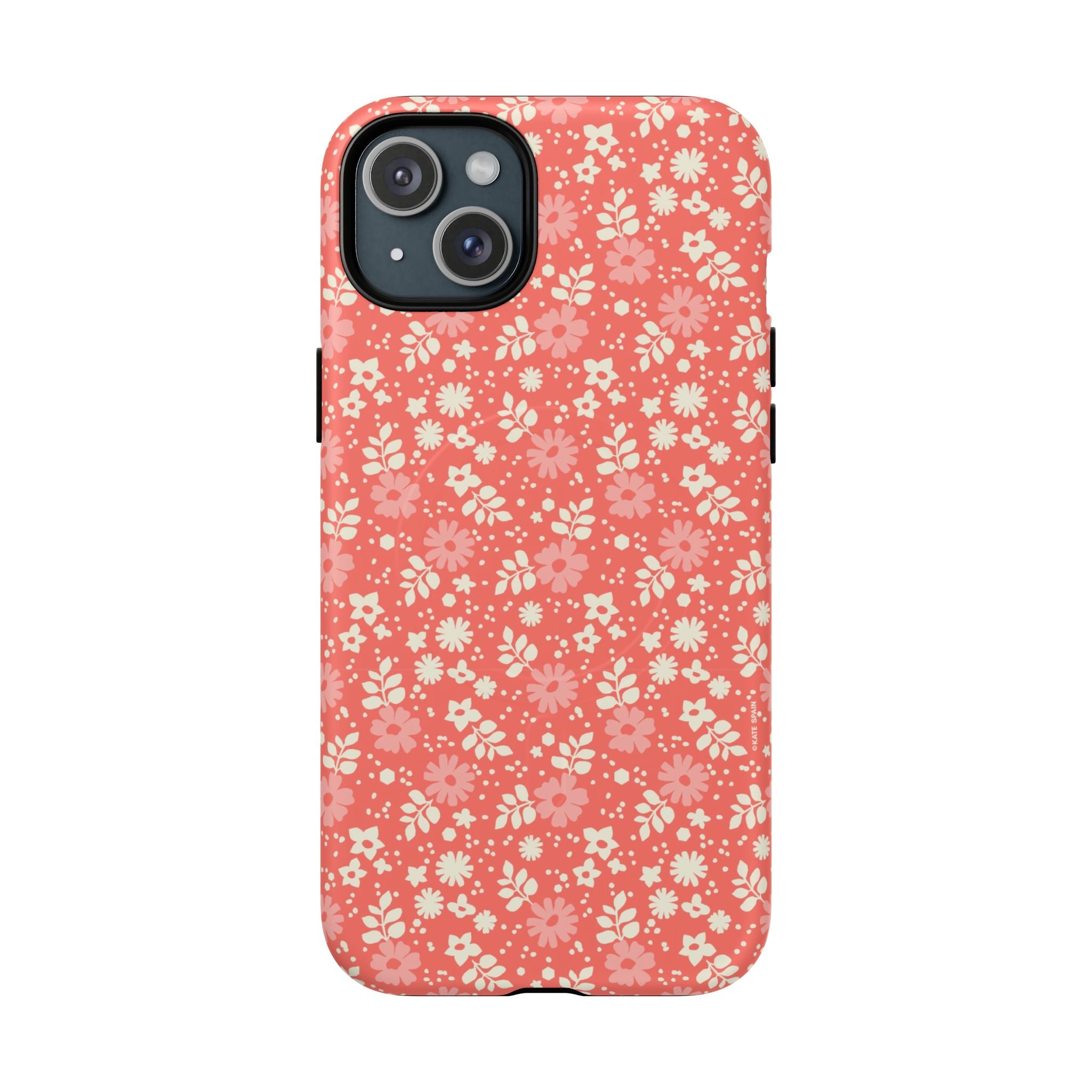 Petaline Coral MagSafe iPhone 15 Plus Case – Matte | coral, pink, cream ditsy floral print