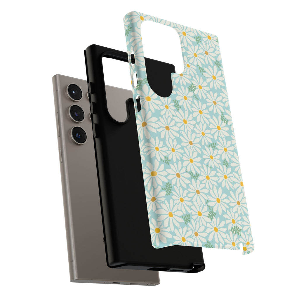 Daisies Samsung Galaxy S25 Ultra Case – Glossy | sky blue, white daisy print, golden yellow centers, mint green leaves | blowout dual-layered construction
