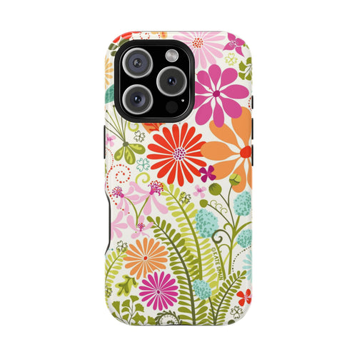 Luxury Terrain MagSafe iPhone 16 Pro Max Case – Glossy | white, magenta, coral botanical woodland floral print