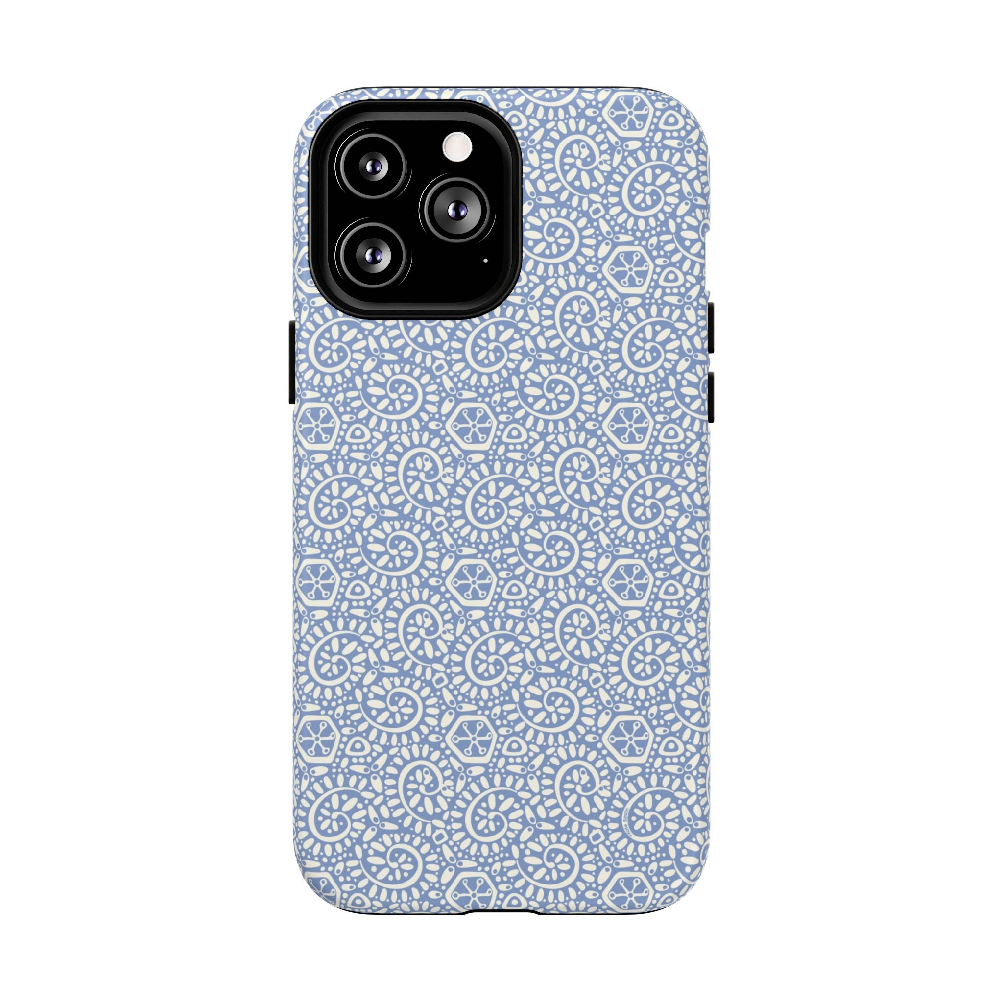 Canto Swirls Mist MagSafe iPhone 13 Pro Max Matte Case — periwinkle blue hard case covered in an intricate folk-art medallion pattern of radiating white circular motifs, dot clusters, and geometric centers