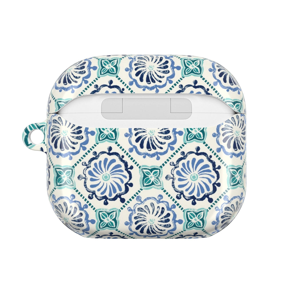 floriori Horizon Blue Tile AirPods case with a navy and teal Moroccan-inspired floral medallion print on white. Back view.