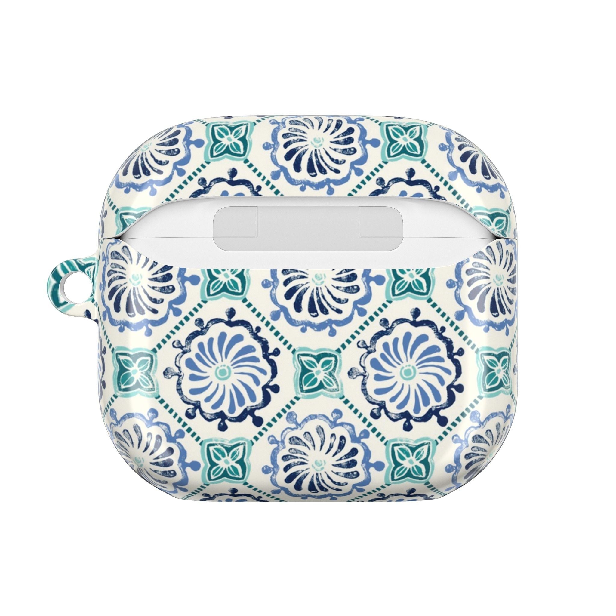 floriori Horizon Blue Tile AirPods case with a navy and teal Moroccan-inspired floral medallion print on white. Back view.