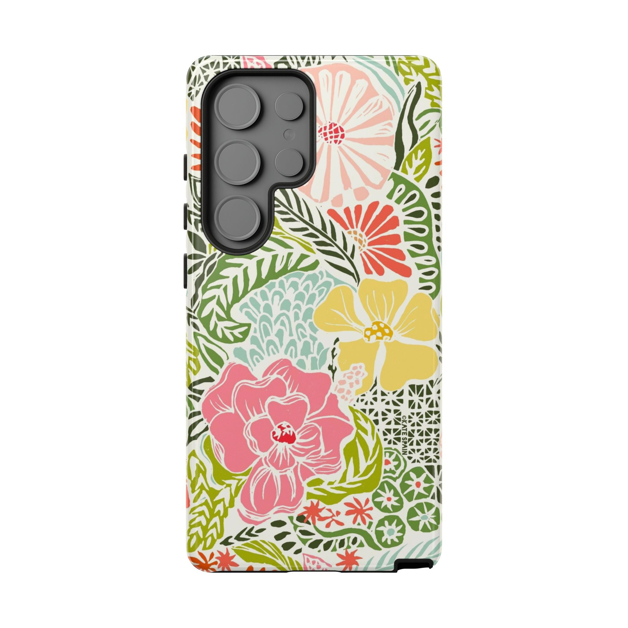 Cute Tropica Samsung Galaxy S25 Ultra Case – Glossy | cream, pink, yellow, blue botanical floral print