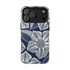 Vintage Bloom Navy MagSafe iPhone 17 Pro Max Case – Glossy | navy ground, large-scale white clematis print, engraved petal detail, dual-layer protection