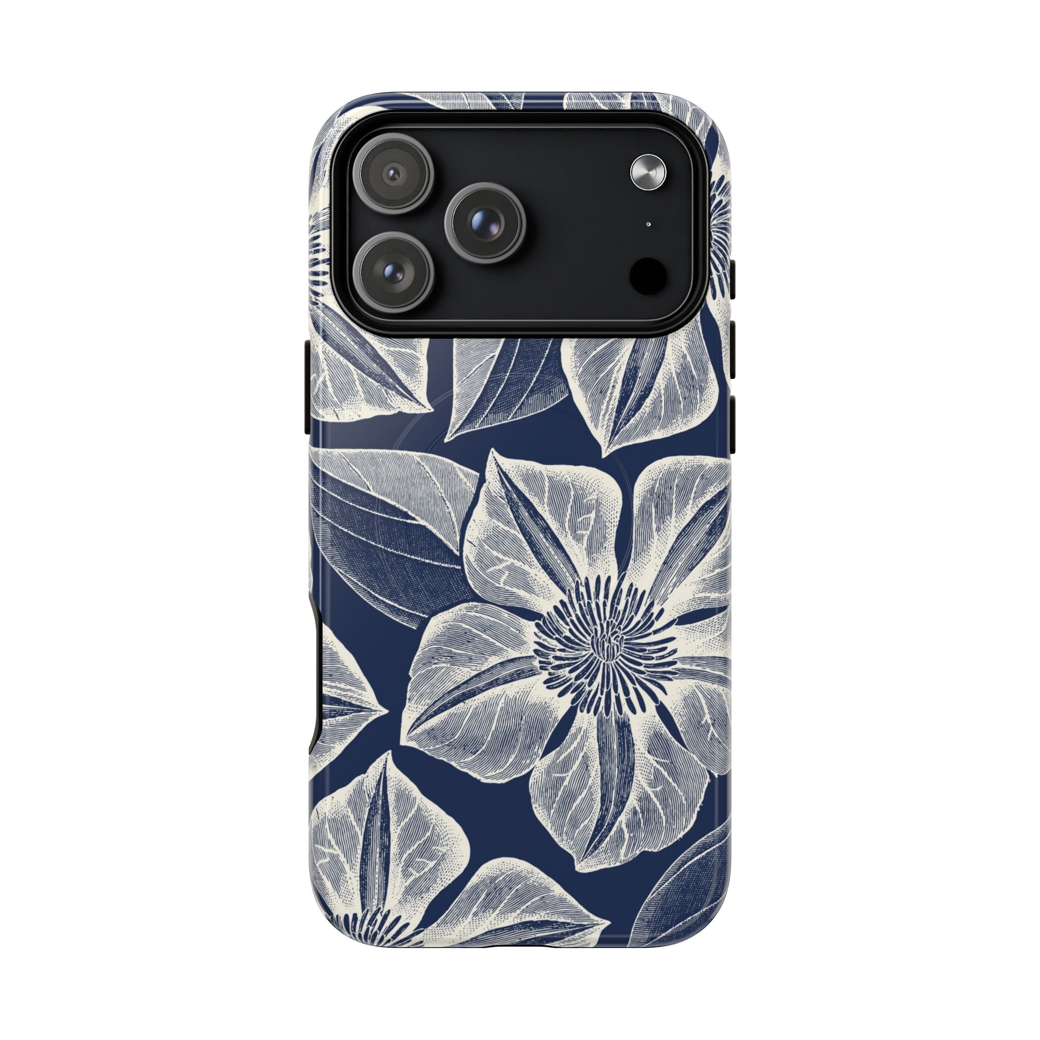 Vintage Bloom Navy MagSafe iPhone 17 Pro Max Case – Glossy | navy ground, large-scale white clematis print, engraved petal detail, dual-layer protection