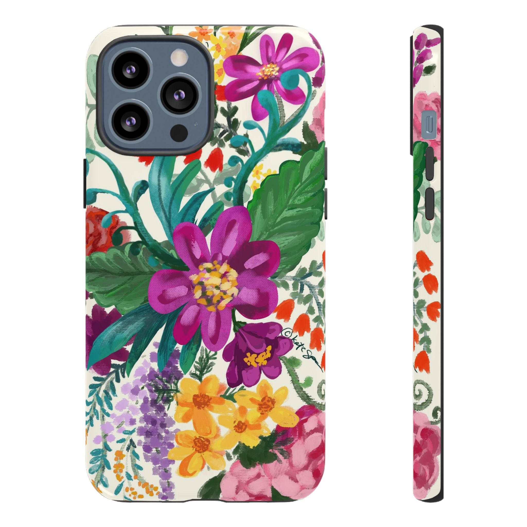 Posy Tough iPhone 13 Pro Max Case – Glossy | cream, magenta, coral botanical floral print
