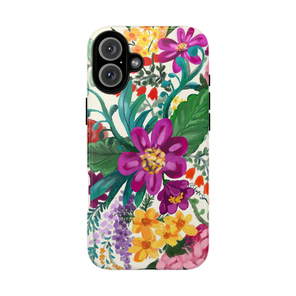 Posy Tough iPhone 16 Plus Case – Glossy | cream, magenta, coral botanical floral print