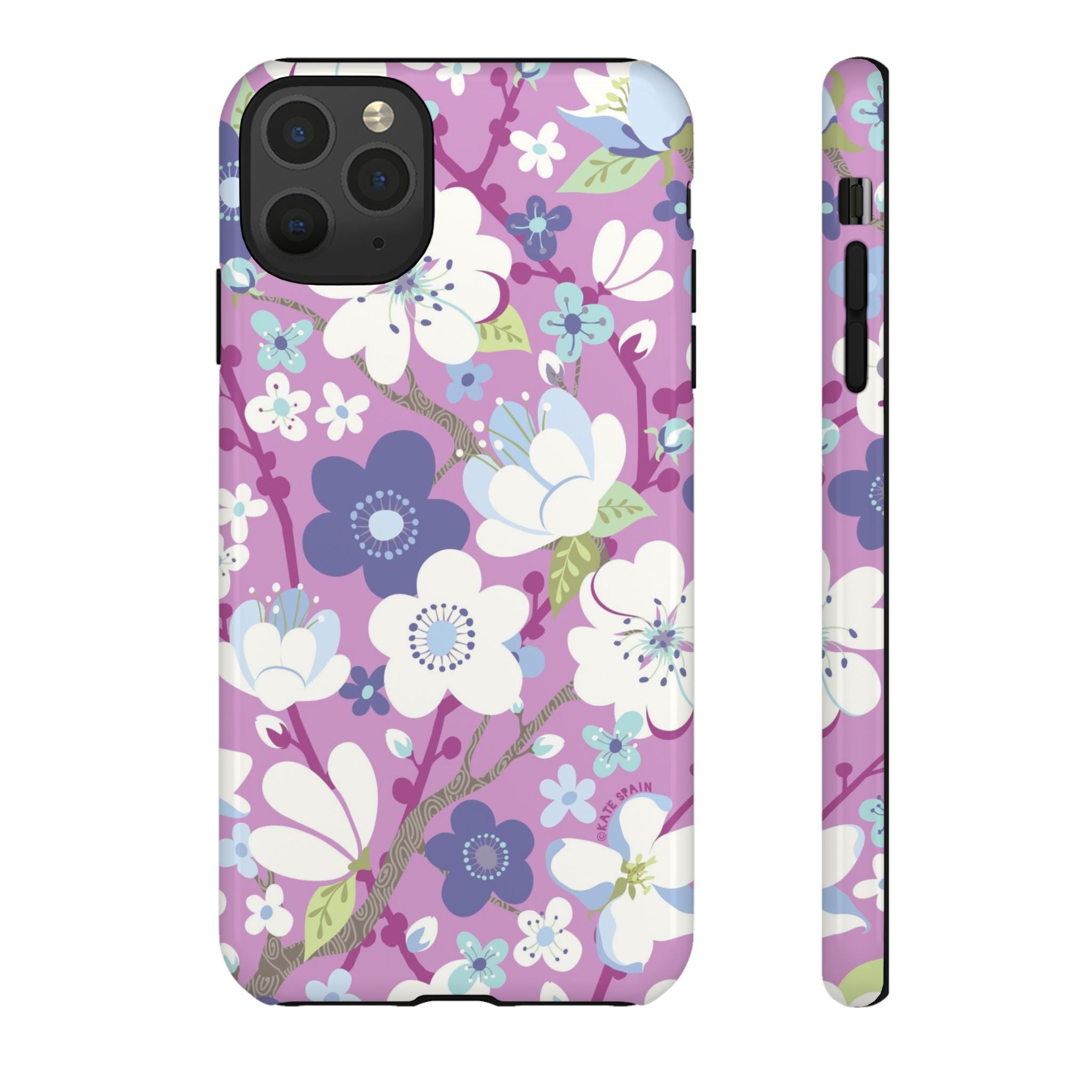 Luxury Cherry Blossom Tough iPhone 11 Pro Max Case – Glossy | mauve, purple, blue, white cherry blossom print
