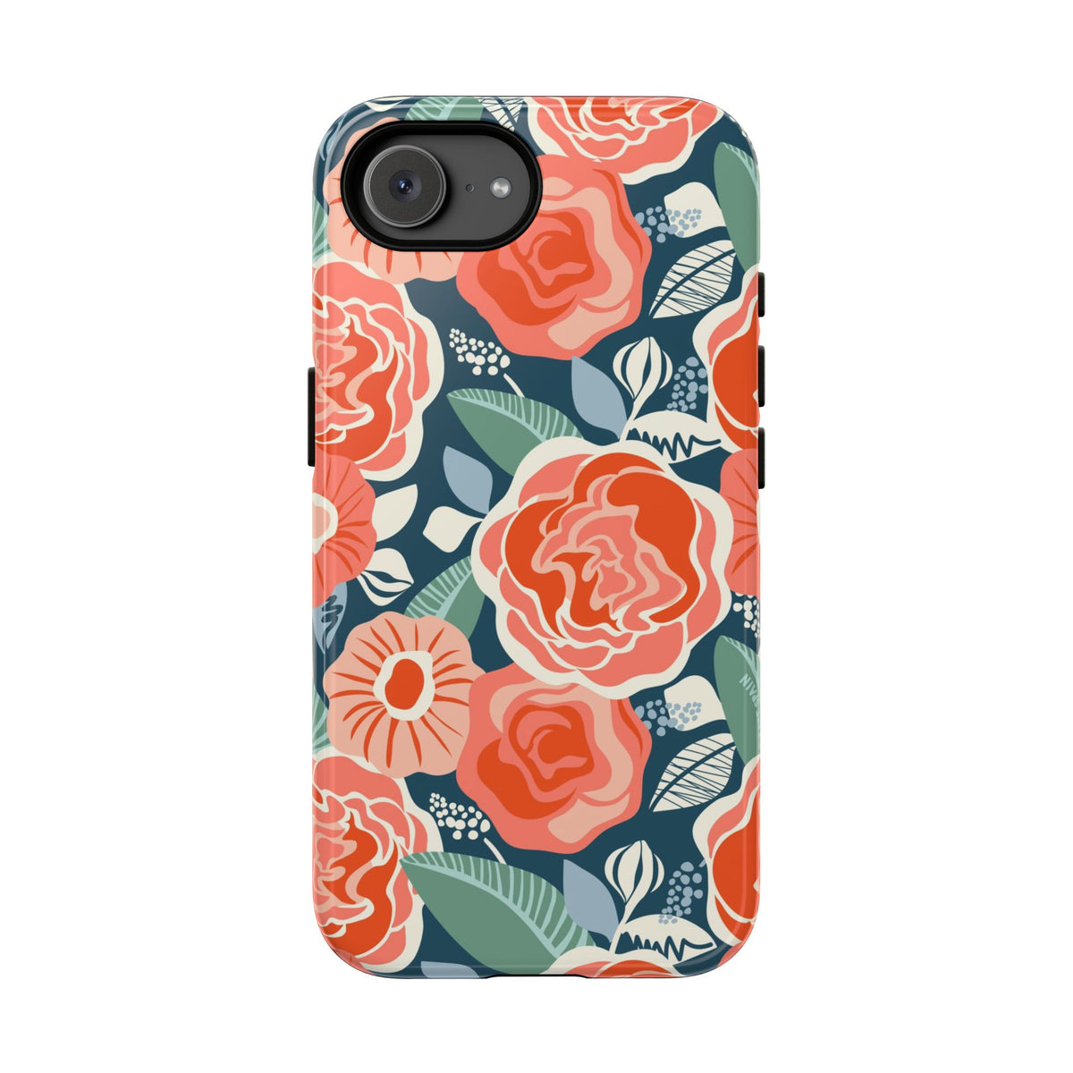 Tea Rose Navy Tough iPhone 16e Case – Glossy | navy, coral, peach botanical rose floral print
