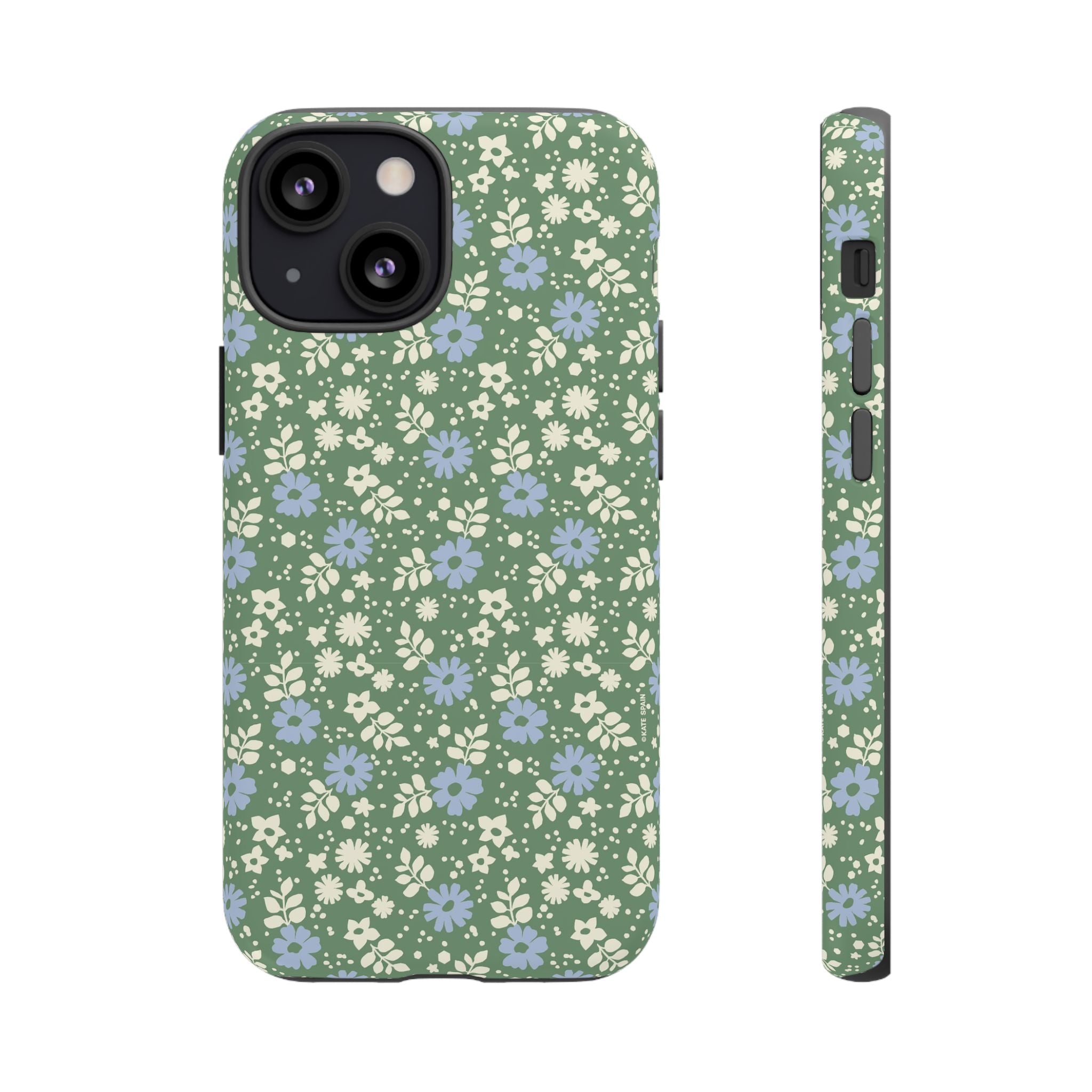 Petaline Tough iPhone 13 Mini Case – Matte | green, blue, cream ditsy floral print