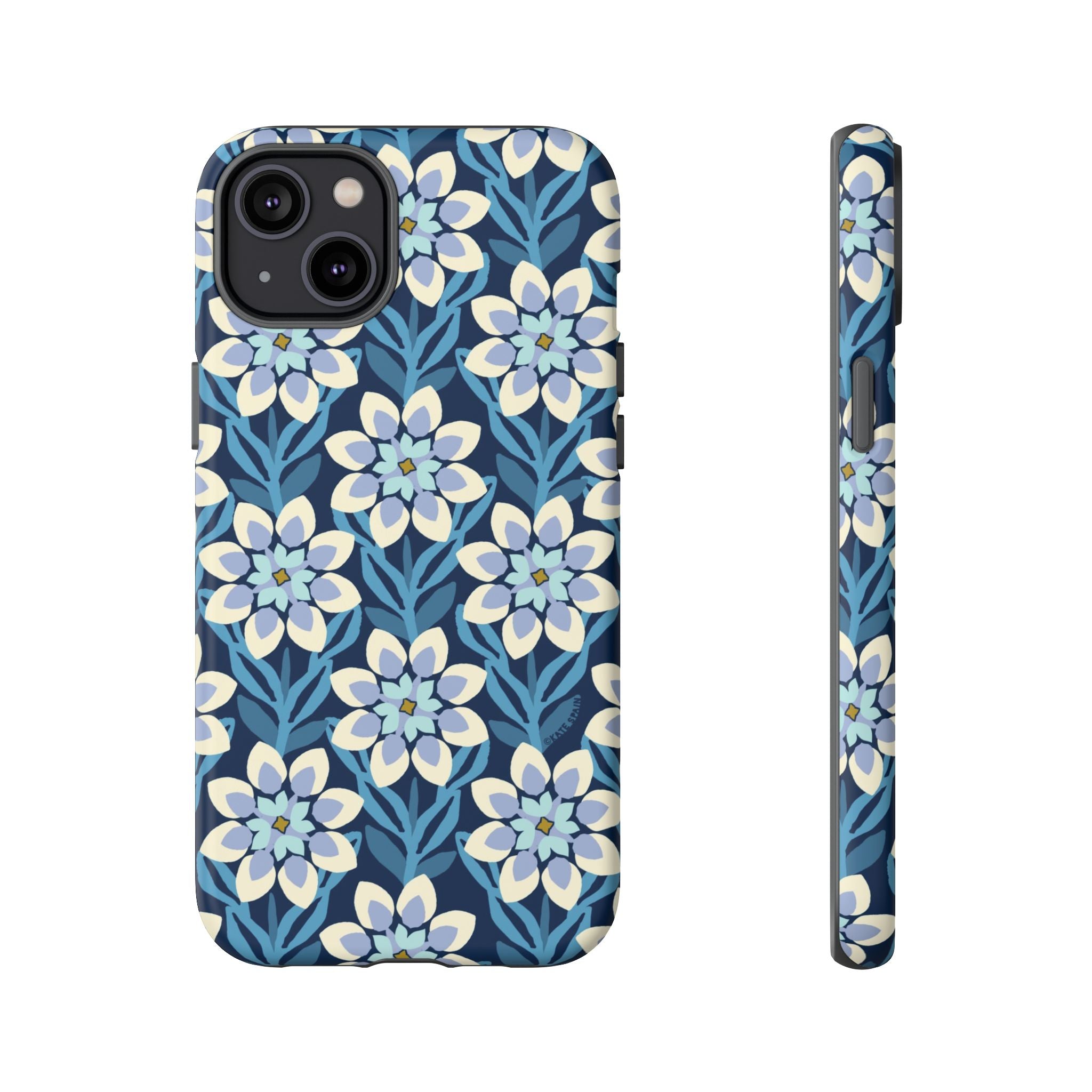 Designer Modern Dahlia Tough iPhone 14 Plus Case – Matte | navy, cobalt, white dahlia floral print
