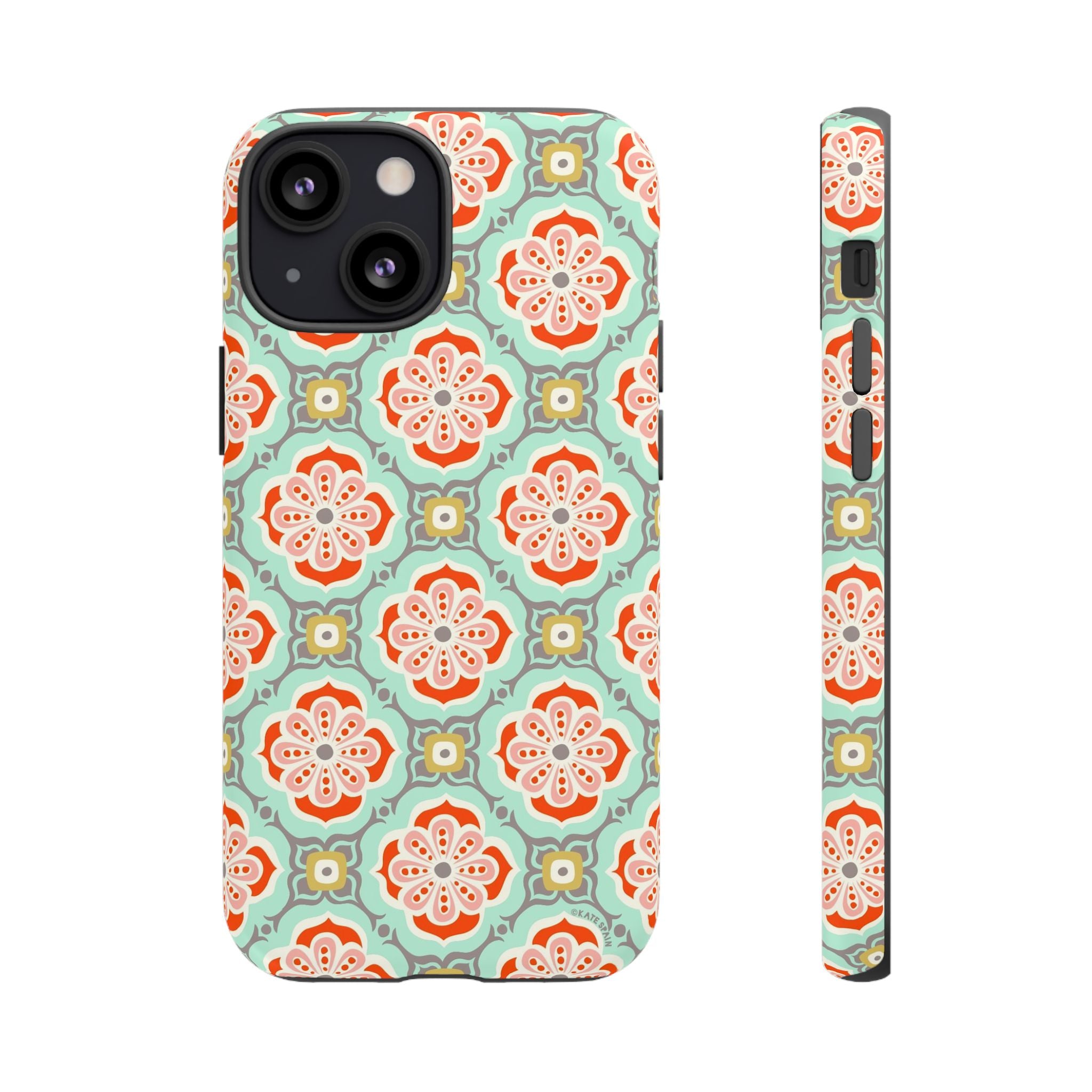 Alhambra Tough iPhone 13 Mini Case – Matte | aqua, coral, blush geometric medallion floral print