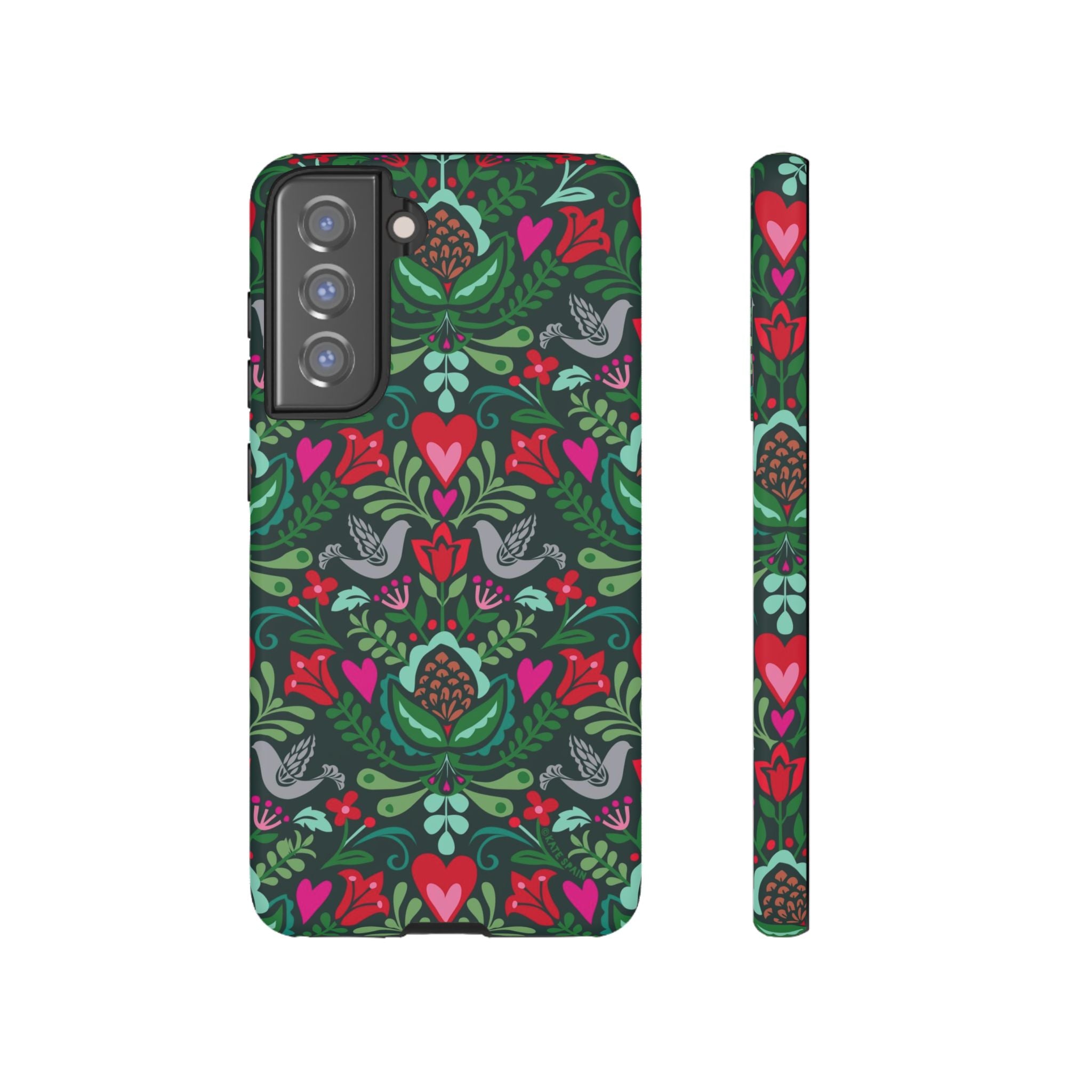 Rosemaling Samsung Galaxy S21 FE Case – Matte | forest green, red, pink rosemaling floral print