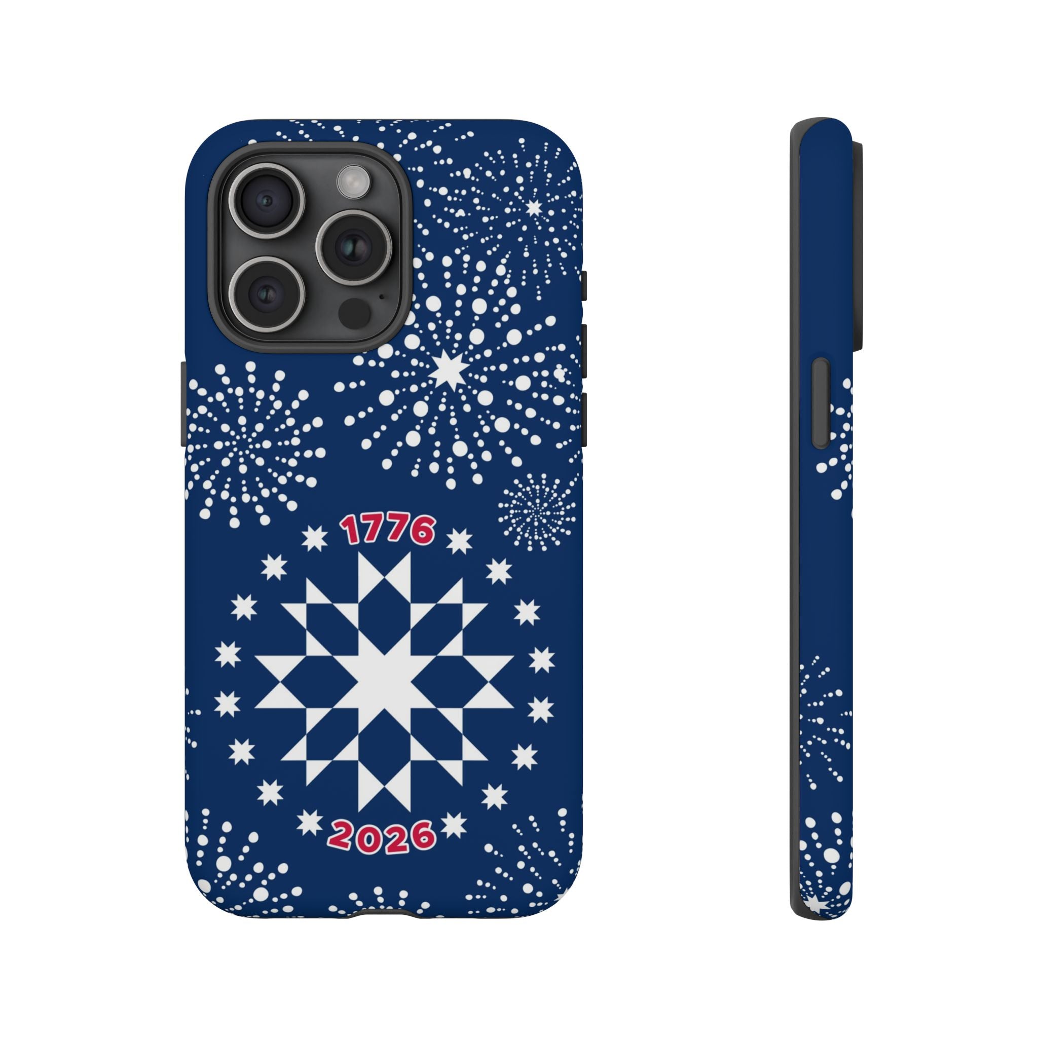250th Fireworks Tough iPhone 15 Pro Max Case – Matte | navy, white patriotic star quilt fireworks print