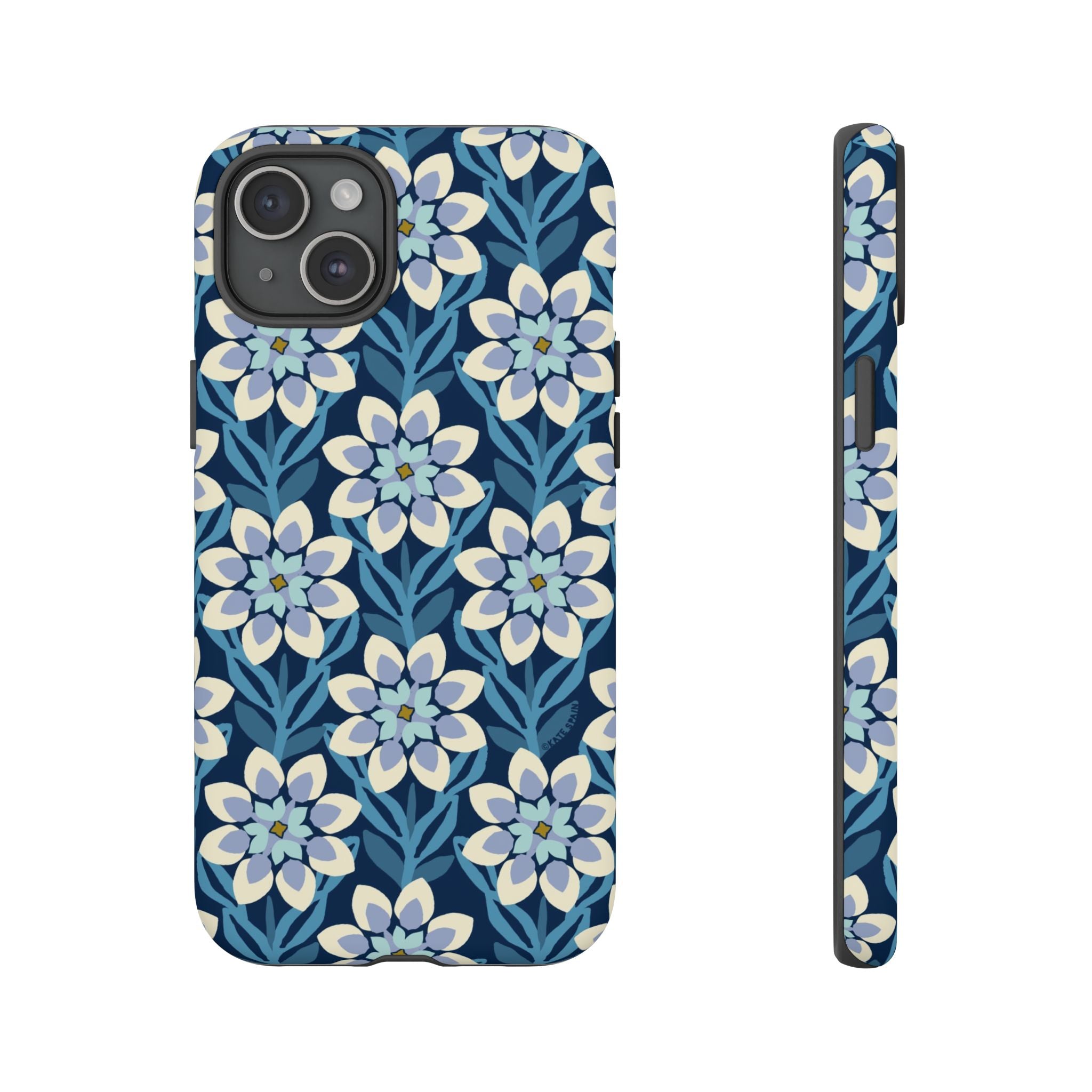 Designer Modern Dahlia Tough iPhone 15 Plus Case – Matte | navy, cobalt, white dahlia floral print