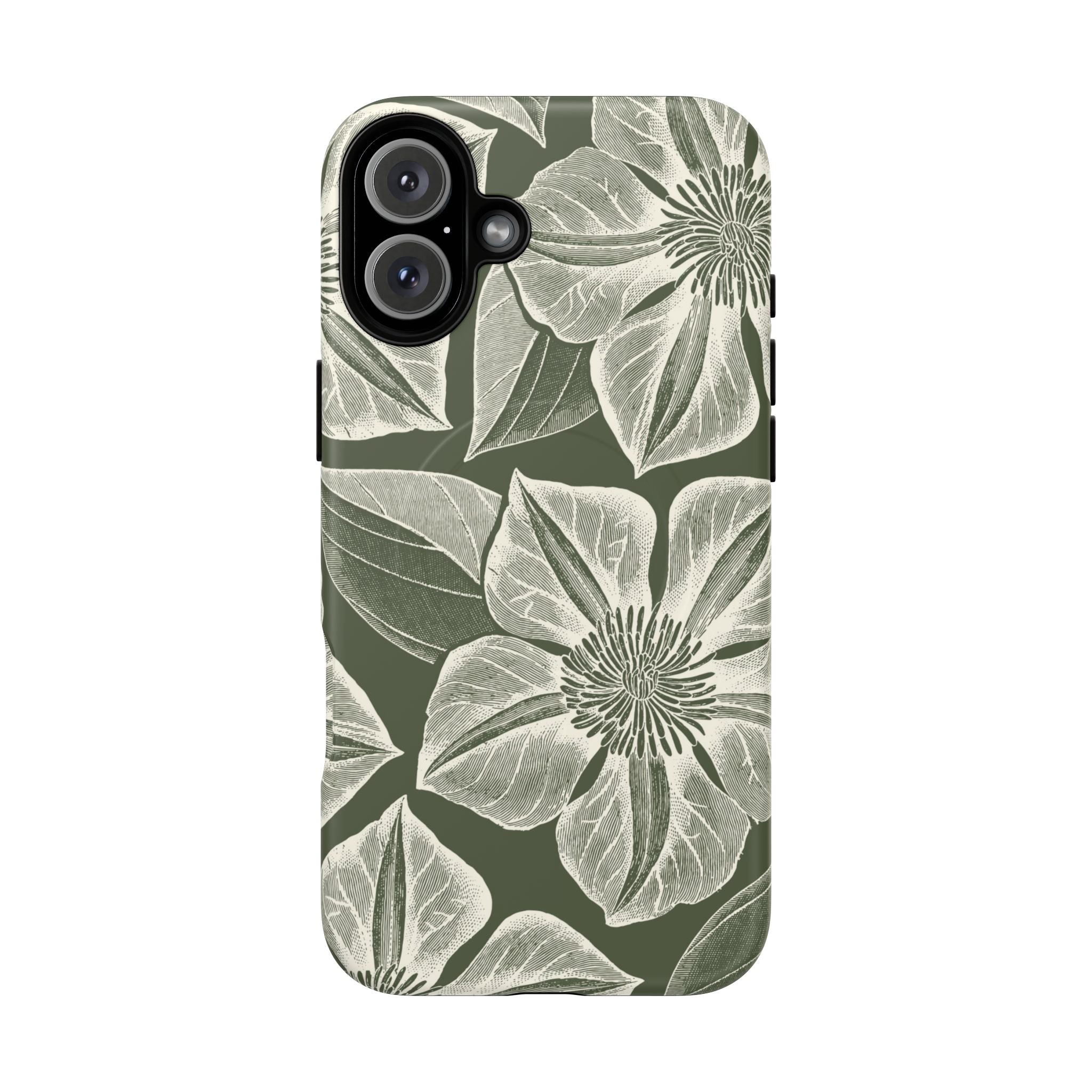 Vintage Bloom Cypress MagSafe iPhone 16 Plus – Matte | cypress green ground, large-scale white clematis print, engraved petal detail, dual-layer protection
