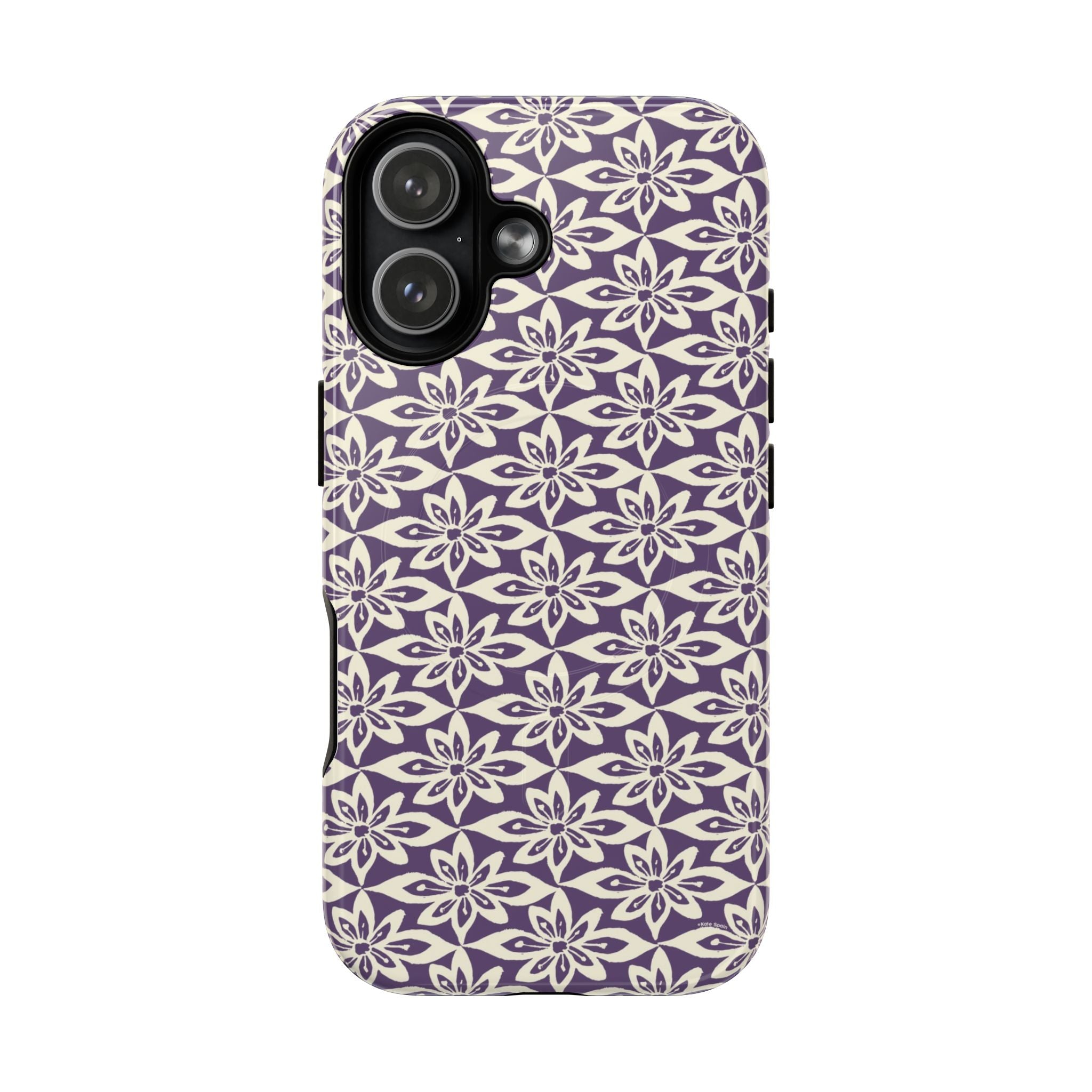 Lily Plum MagSafe iPhone 17 Case – Glossy | graphic white lily print on rich violet — botanical MagSafe case by Kate Spain