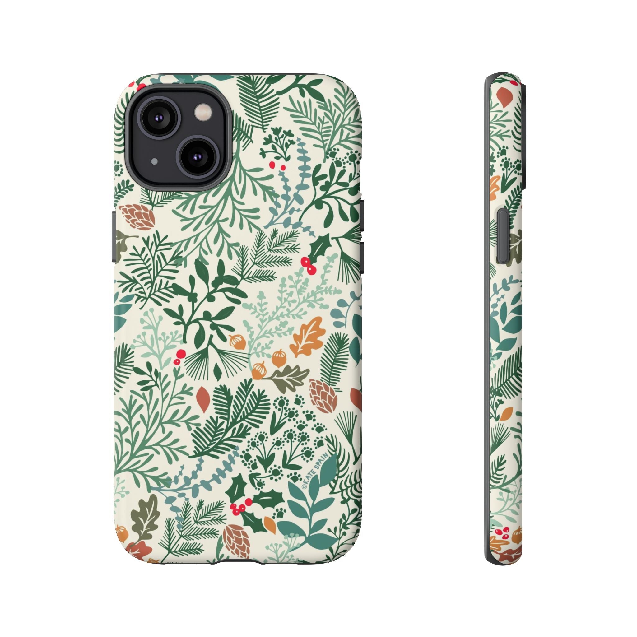 Juniper Tough iPhone 14 Plus Case – Matte | cream, green, red botanical woodland print