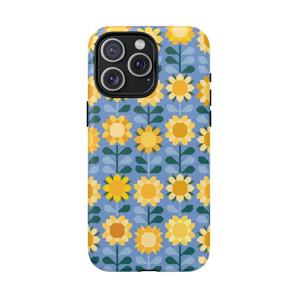 Sunflowers MagSafe iPhone 15 Pro Max Case – Matte | blue, yellow, gold geometric sunflower print