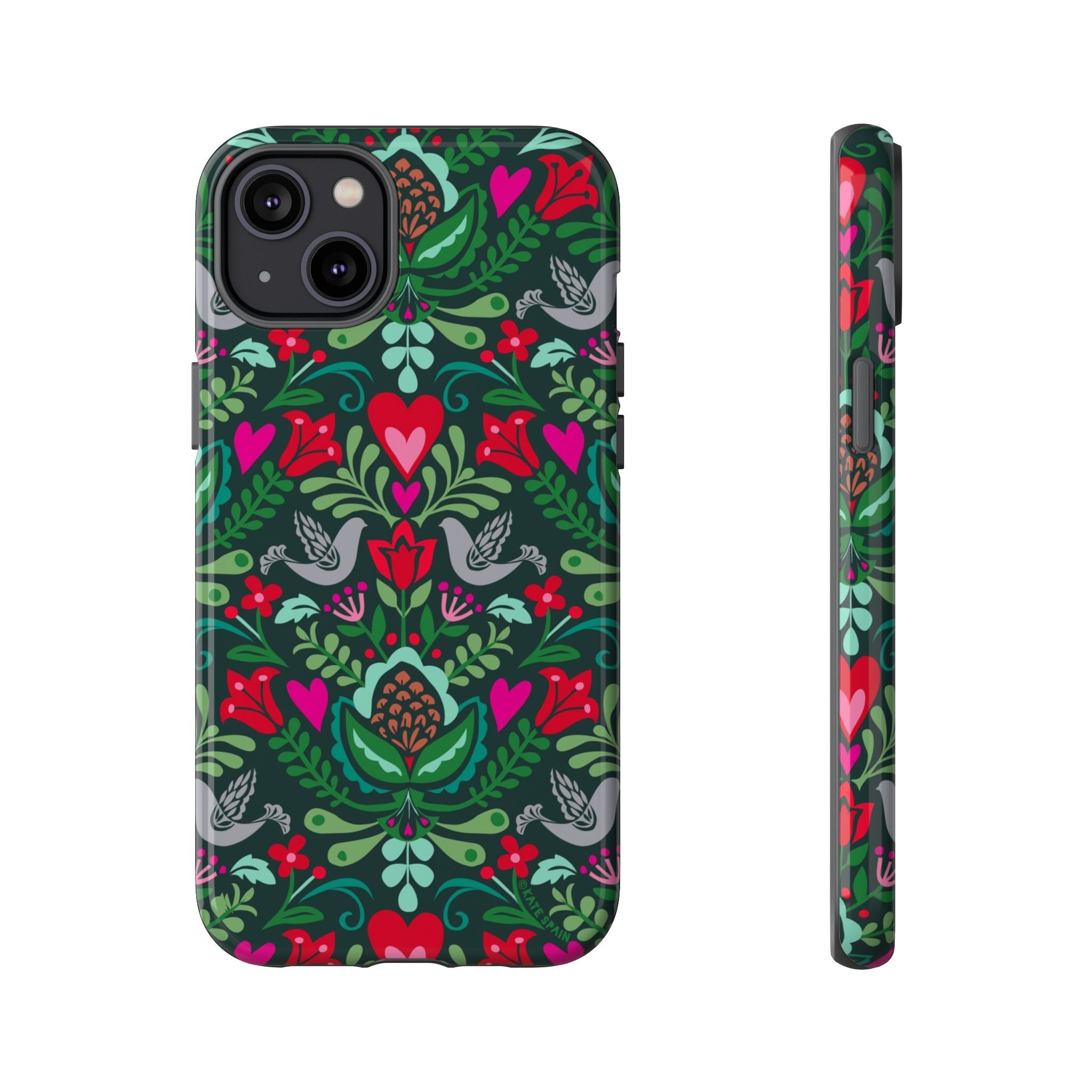 Rosemaling Tough iPhone 14 Plus Case – Glossy | dark green, red, pink, gray folk art floral bird print