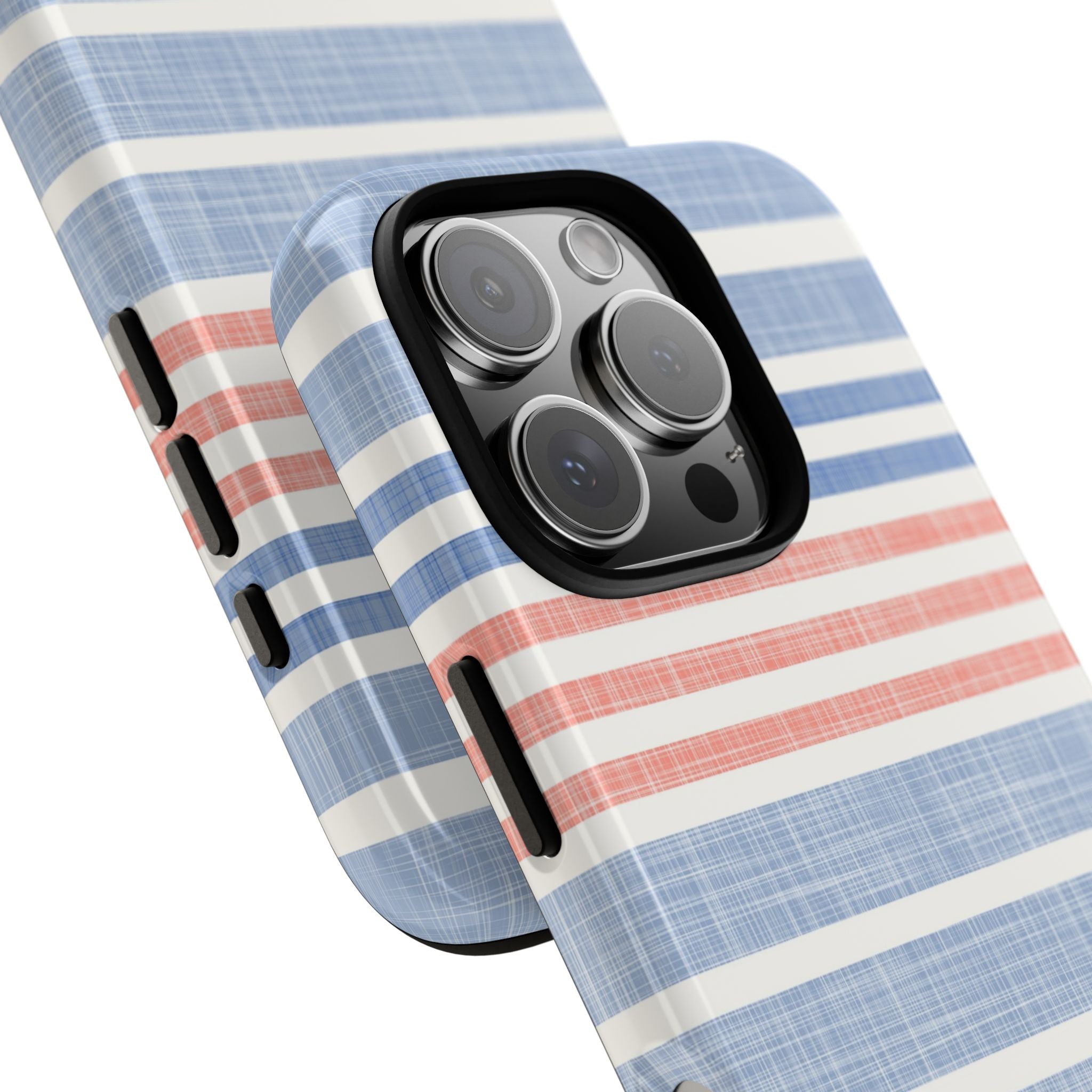 Cabana Stripe Pastel Tough iPhone 16 Pro Max Case – Glossy angled view closeup of camera cutout and buttons | soft blue, coral, sage green chambray-textured stripe print dual-layer protection