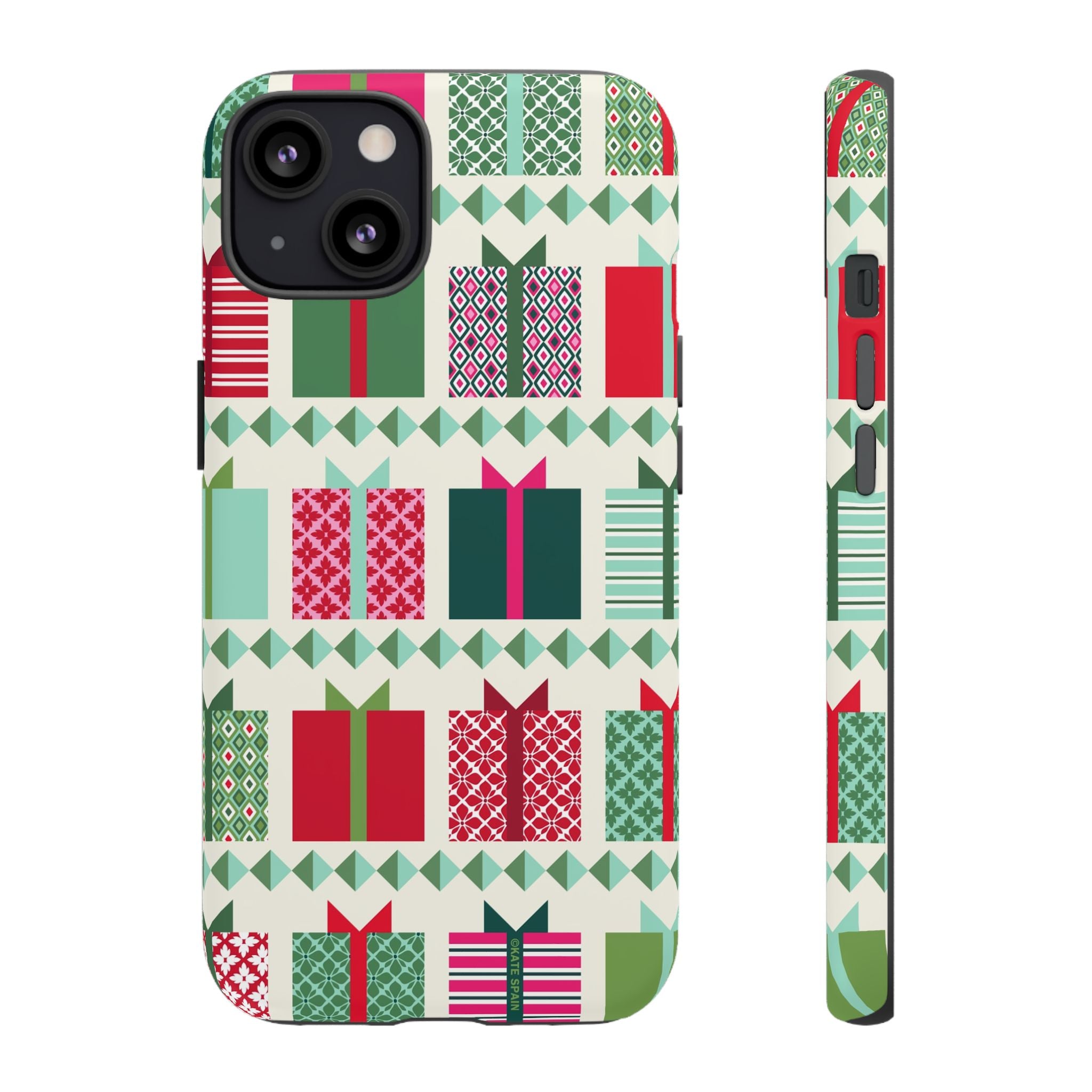 All Wrapped Up Tough iPhone 13 Case – Glossy | cream, red, pink, green, mint geometric gift wrap holiday print