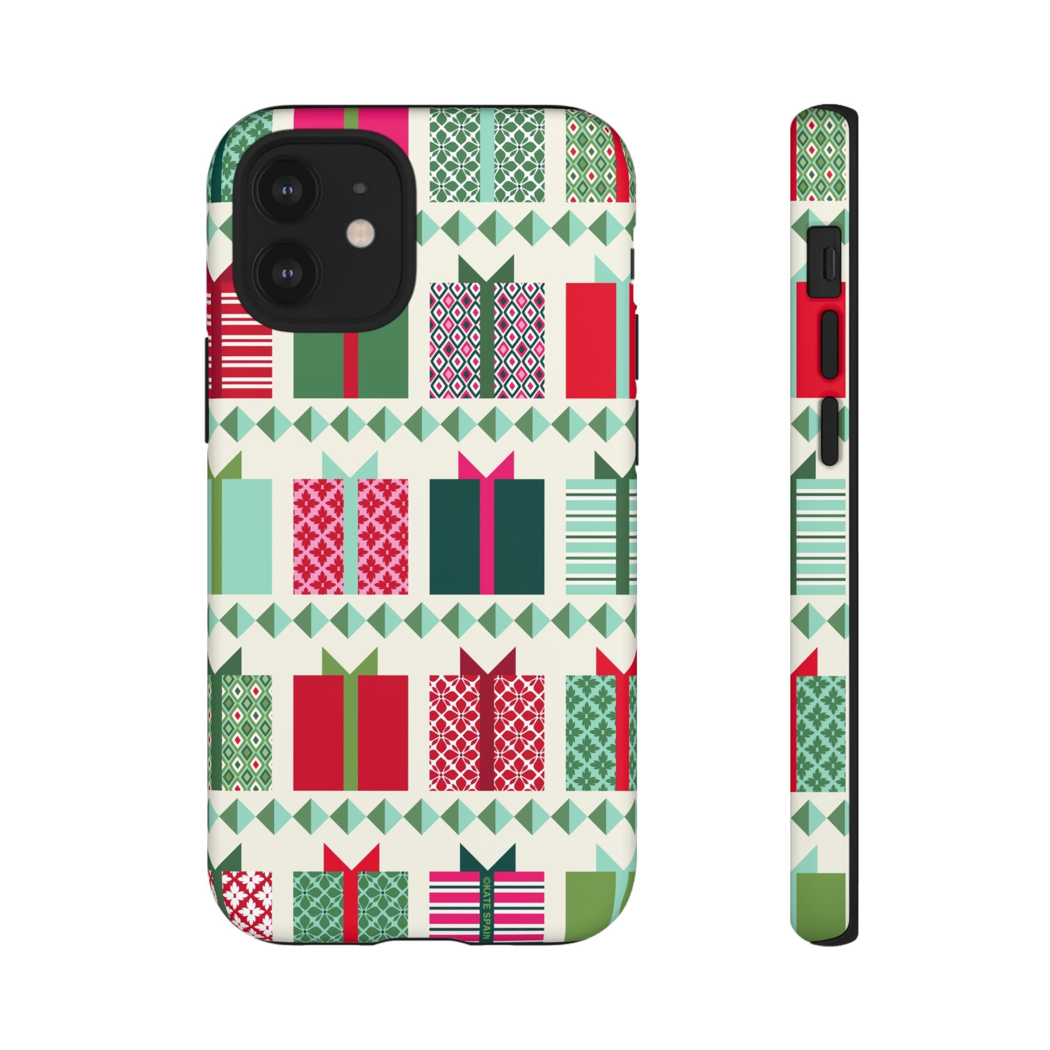 All Wrapped Up Tough iPhone 12 Mini Case – Matte | cream, red, pink, green, mint geometric gift wrap holiday print