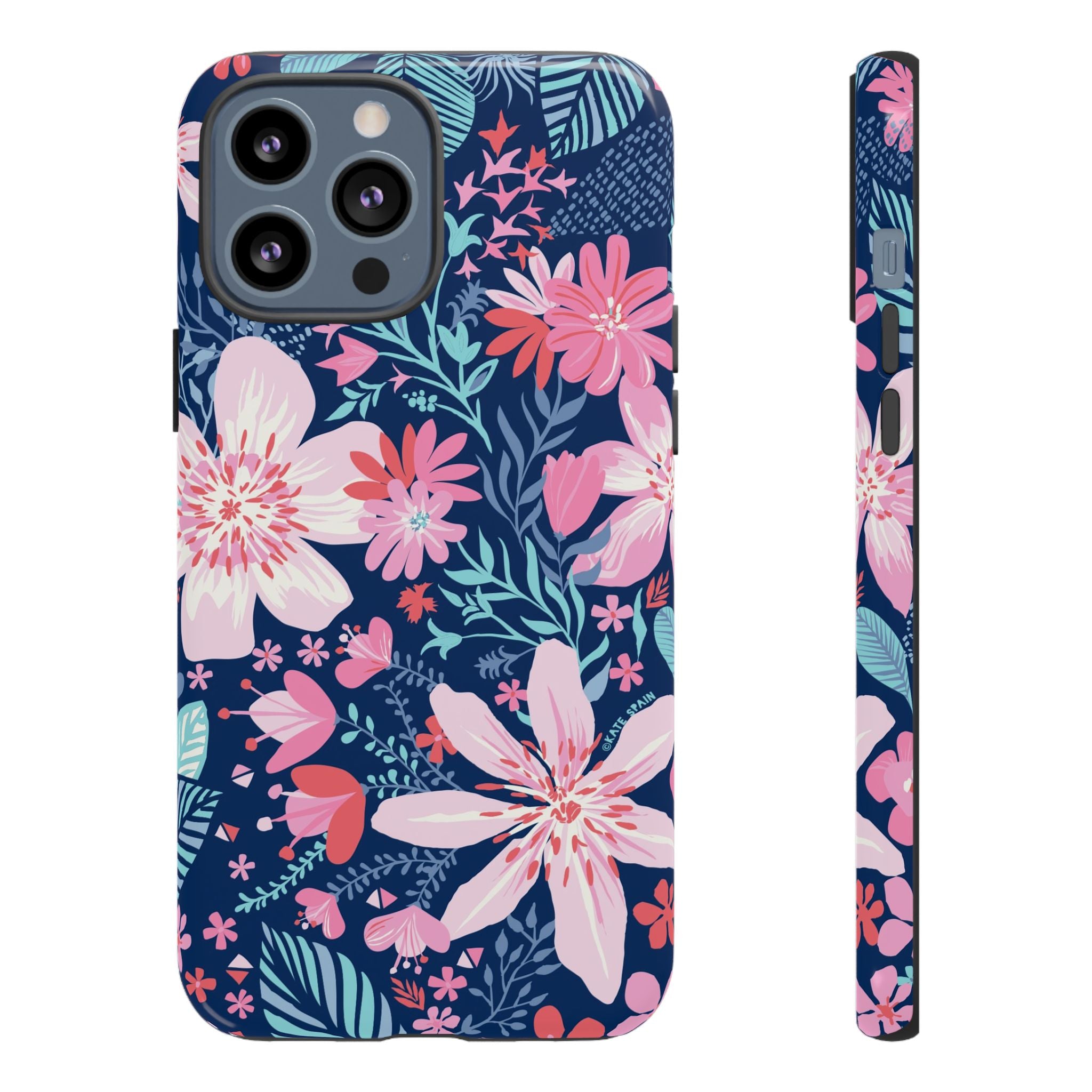 Bonaire Tough iPhone 13 Pro Max Case – Glossy | navy, pink, white tropical floral botanical print
