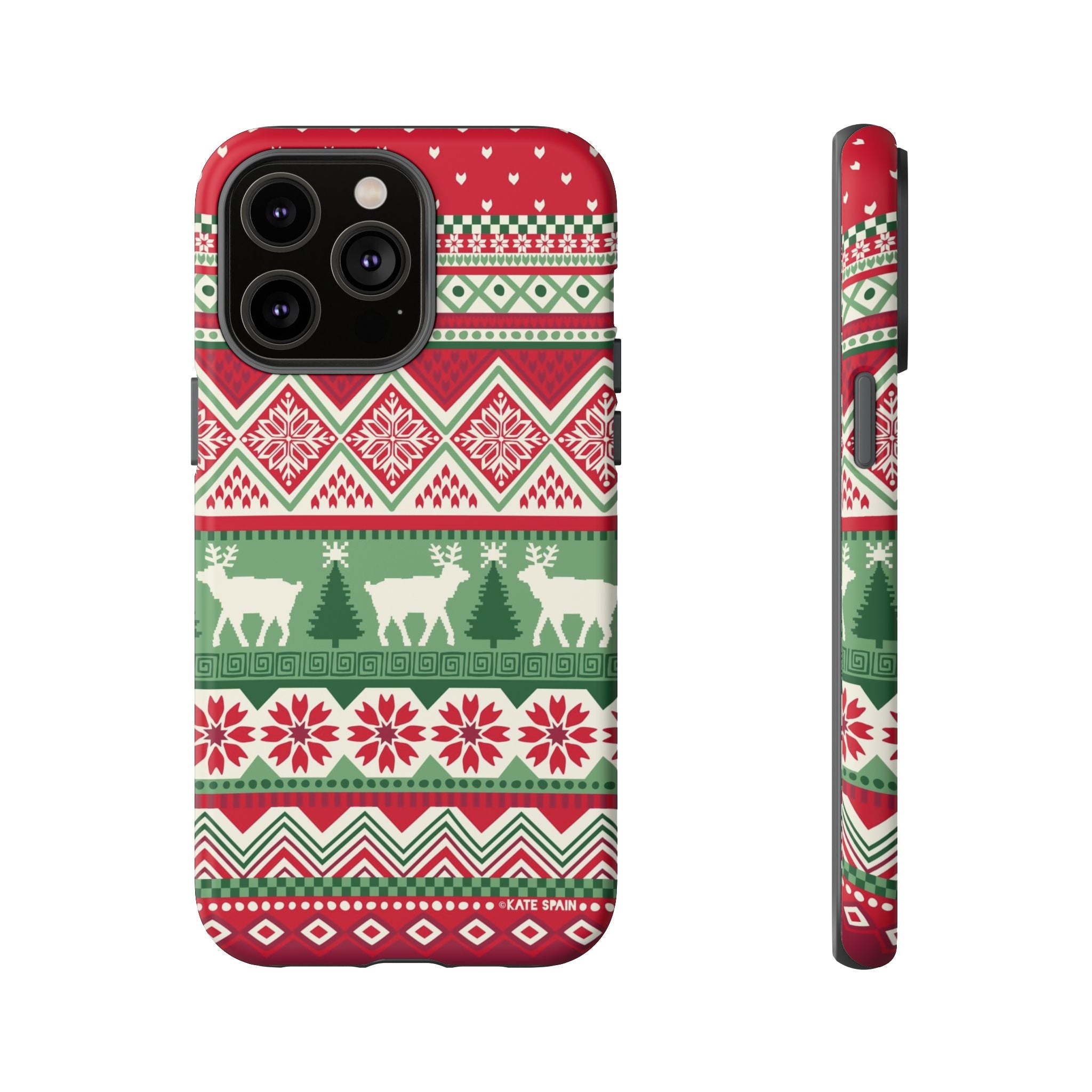 Telemark Tough iPhone 14 Pro Max Case – Matte | red, green, cream fair isle reindeer Nordic print
