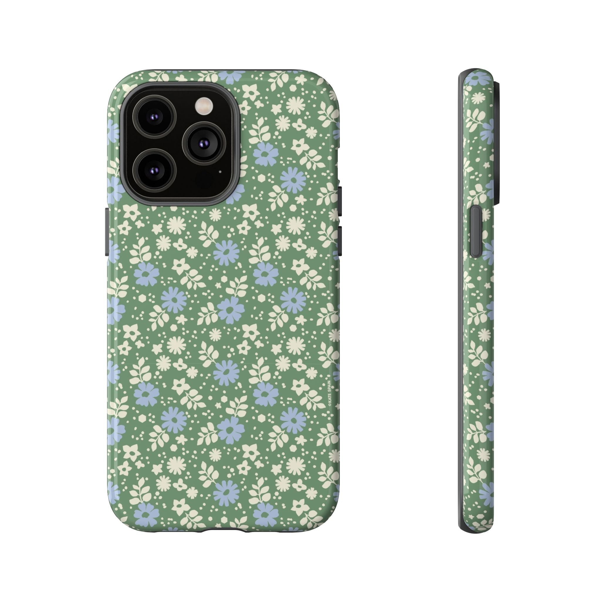 Petaline Tough iPhone 14 Pro Max Case – Glossy | green, blue, cream ditsy floral print
