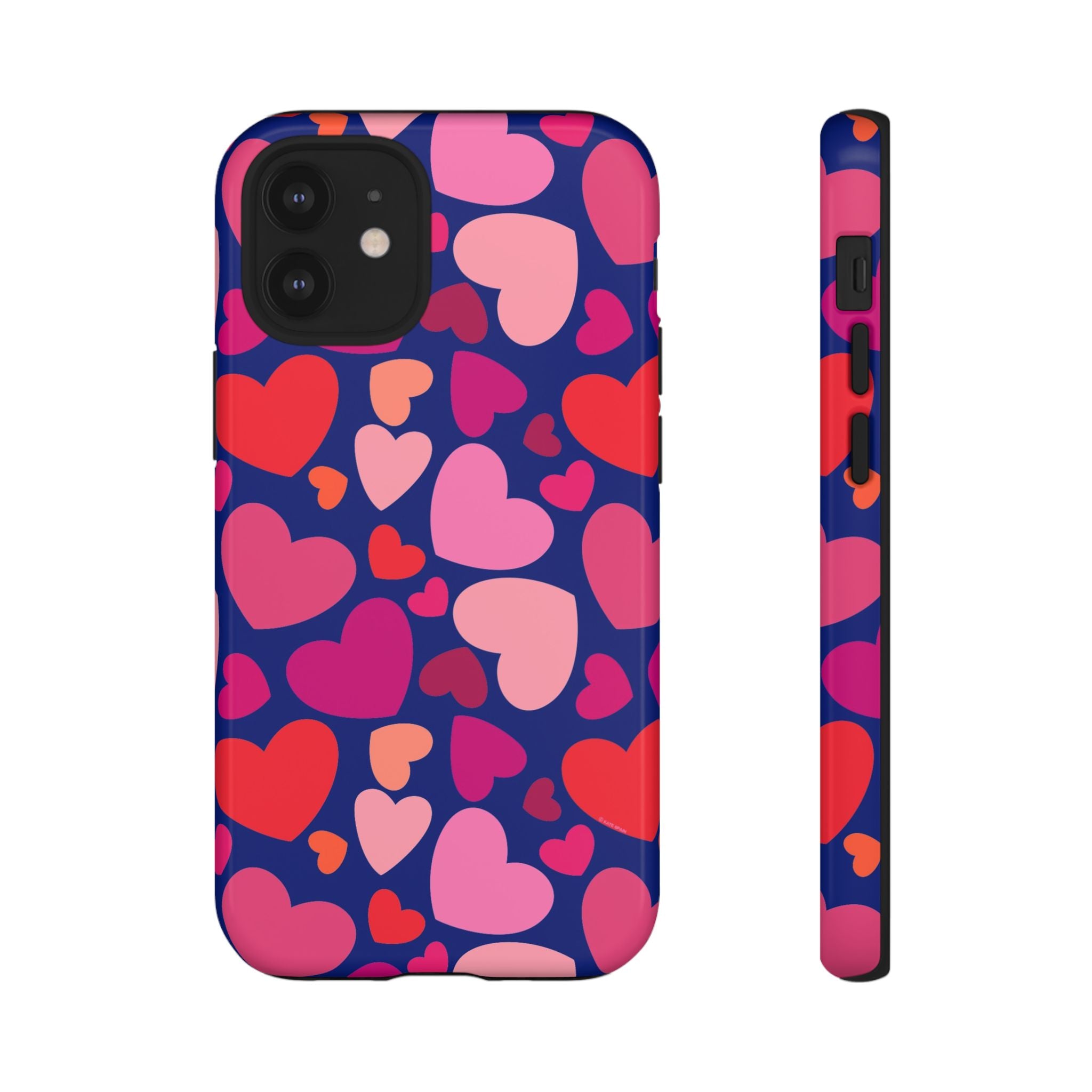 Hearts Tough iPhone 12 Mini Case – Glossy | navy, pink, red, coral scattered heart print