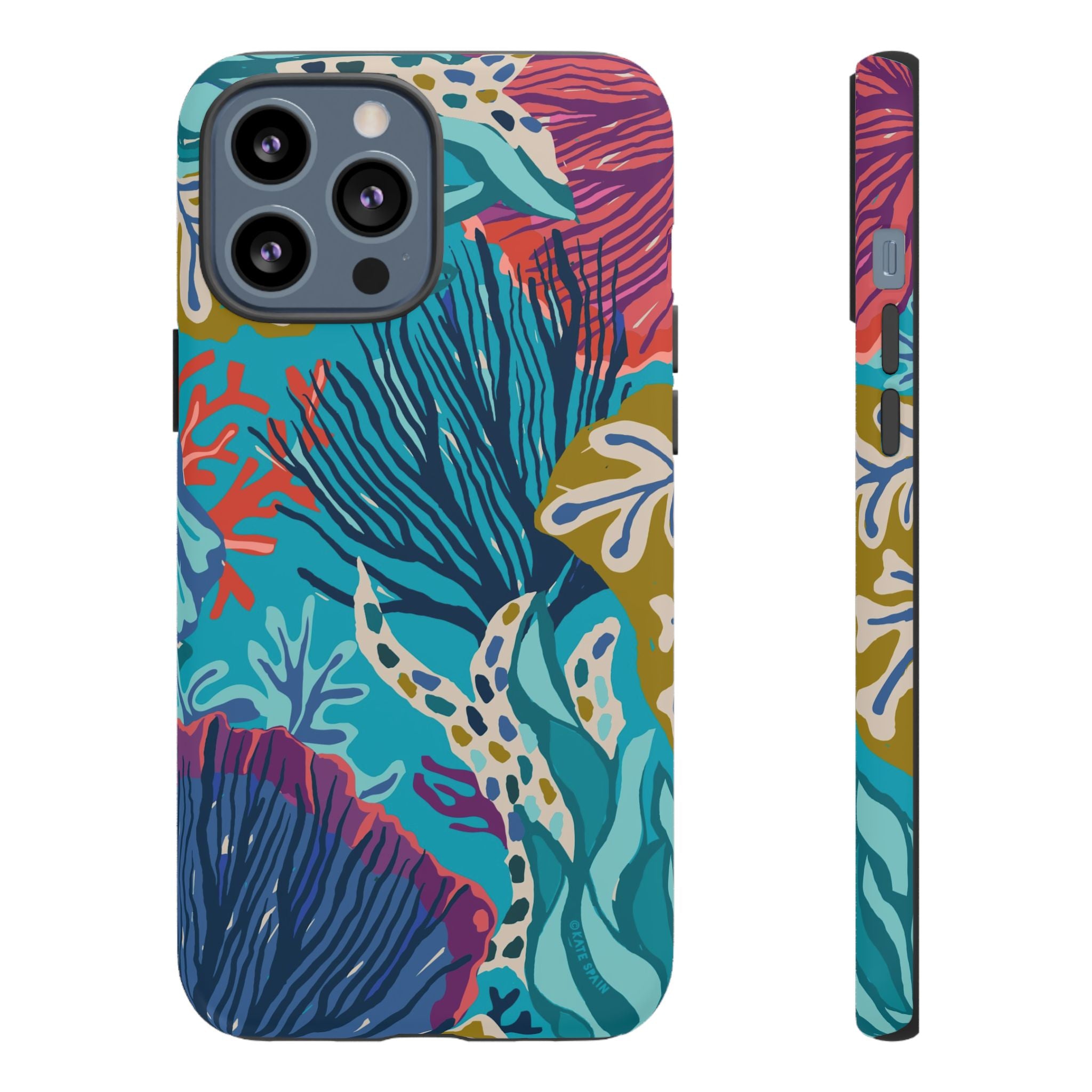 Reef Tough iPhone 13 Pro Max Case – Matte | teal, coral, navy, purple botanical coral reef print