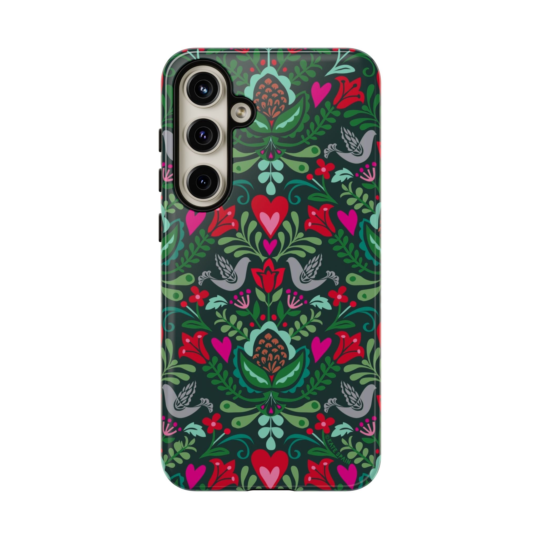 Rosemaling Samsung Galaxy S24 Plus Case – Glossy | forest green, red, pink rosemaling floral print