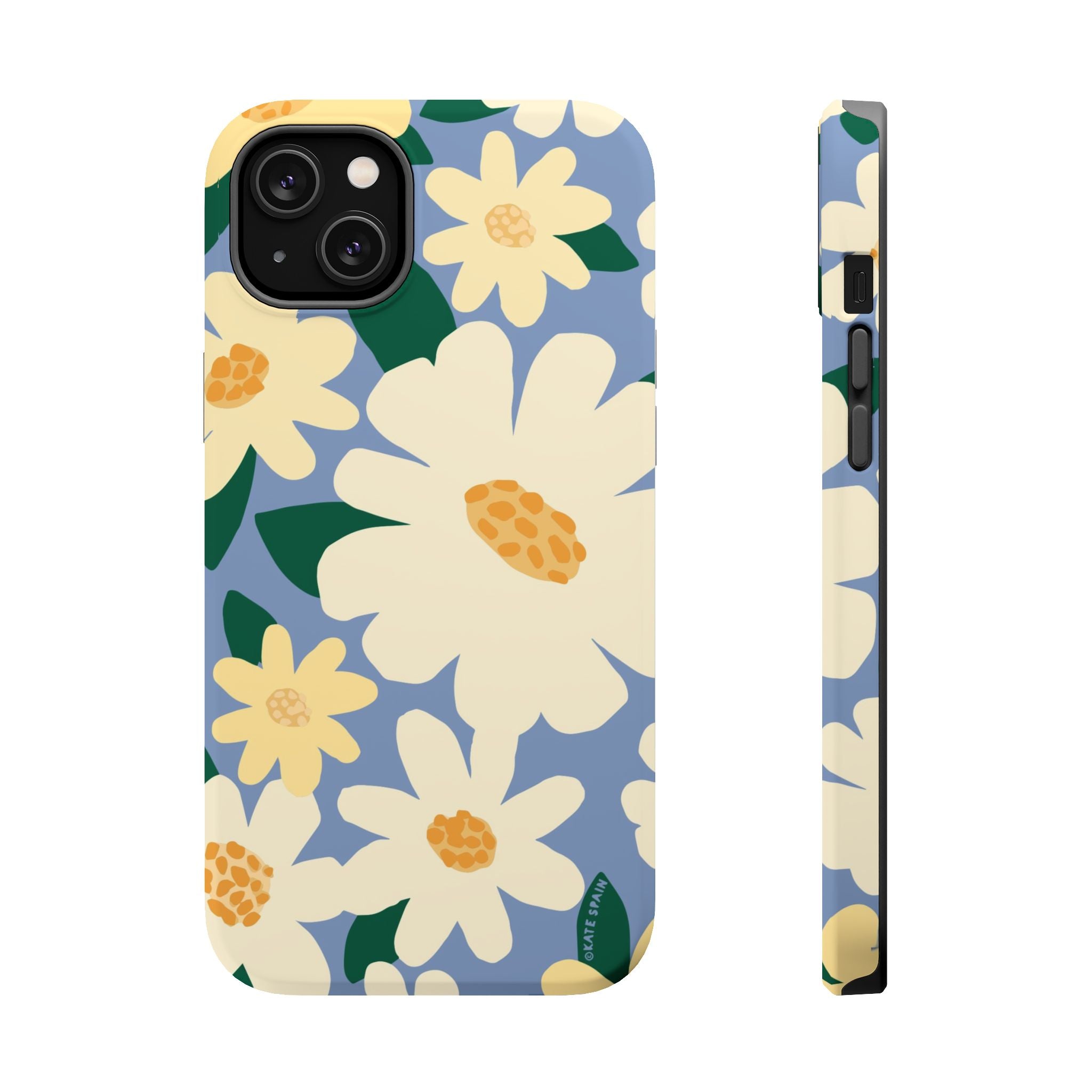 Chamomile MagSafe iPhone 14 Plus Case – Matte | periwinkle, cream, yellow botanical daisy floral print MagSafe compatible, dual-layer protection
