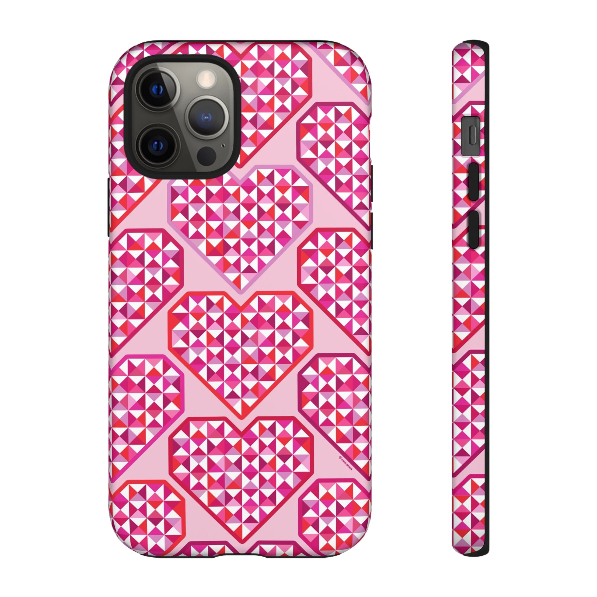Pink Pyramid Heart Tough iPhone 12 Pro Case – Matte | blush, pink, magenta, red geometric pyramid heart print