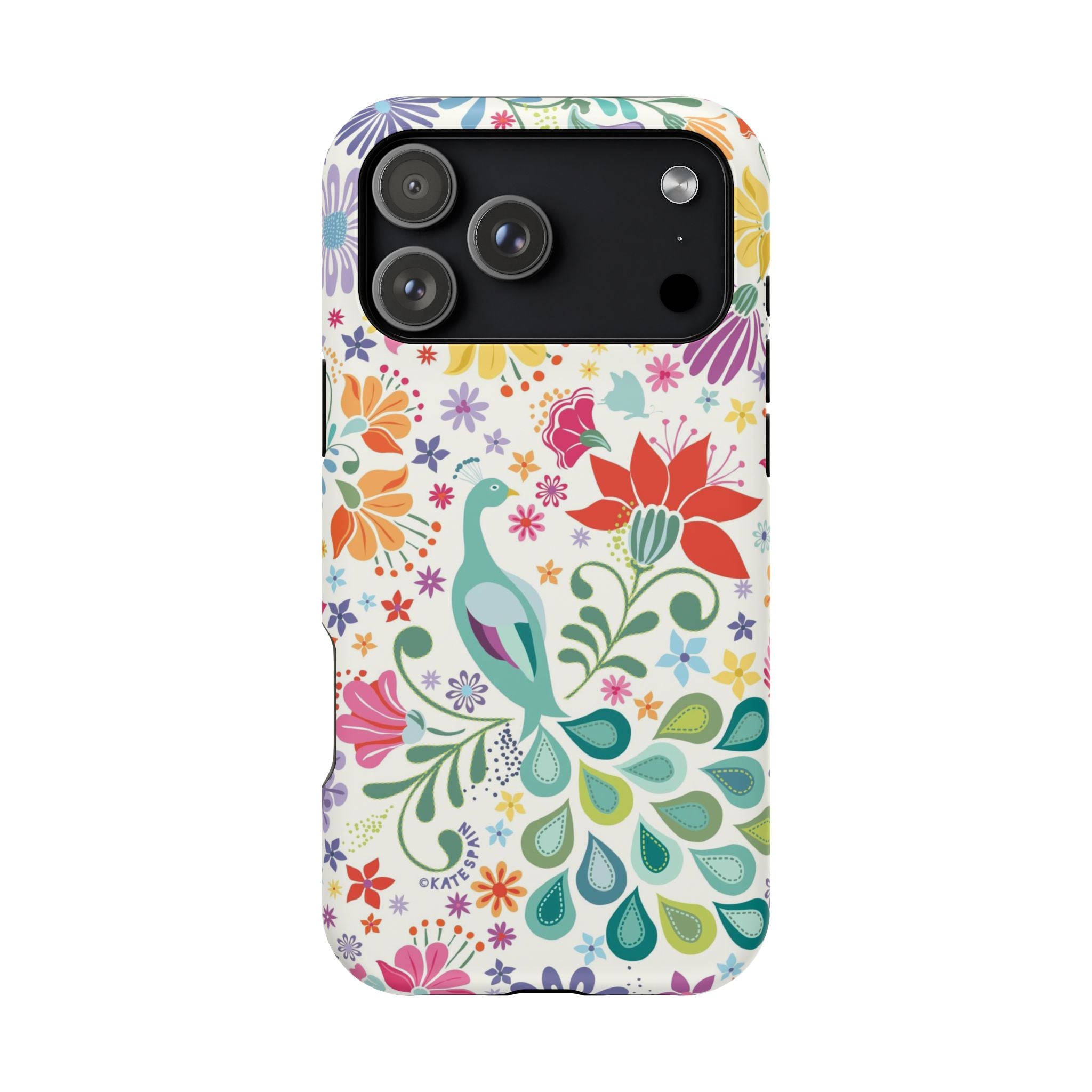 Peacock Sanctuary MagSafe iPhone 17 Pro Max Case – Matte | ivory, teal, navy peacock botanical print MagSafe compatible, dual-layer protection