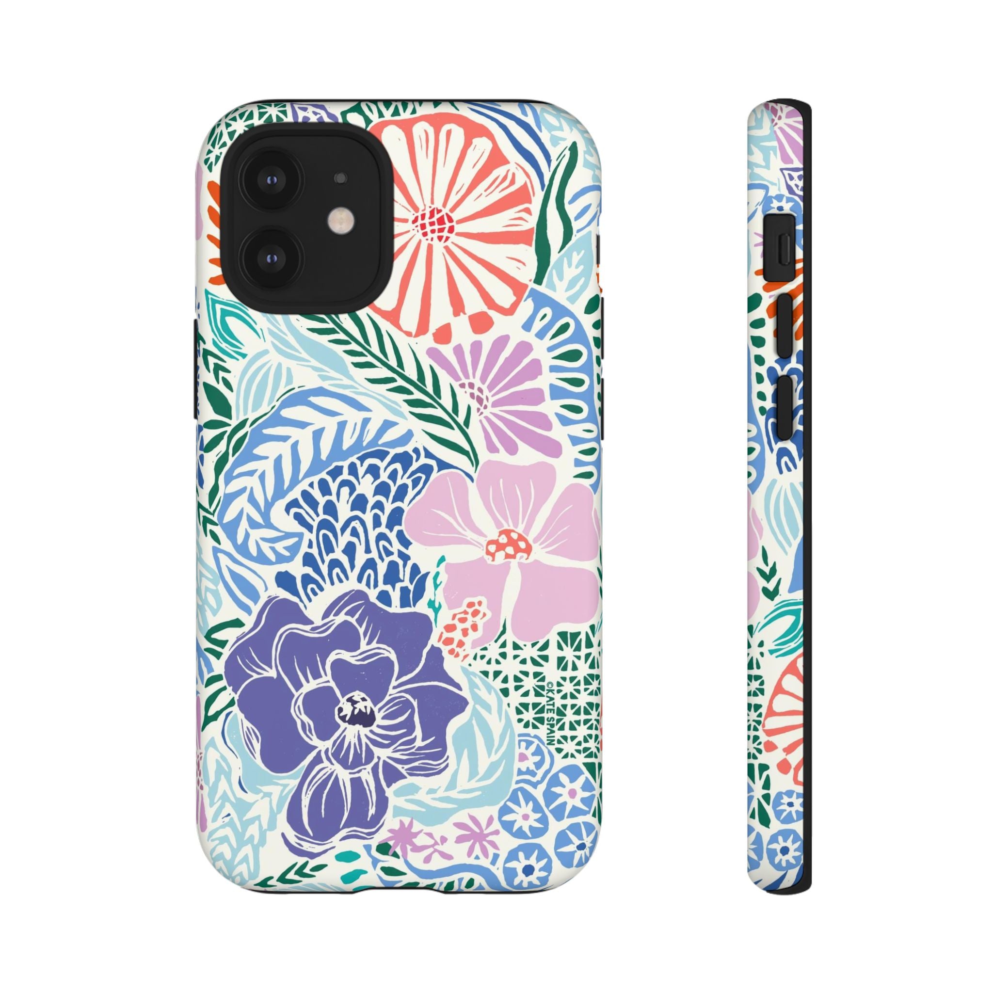 Tropica Tough iPhone 12 Mini Case – Matte | purple, coral, pink, blue botanical tropical floral print