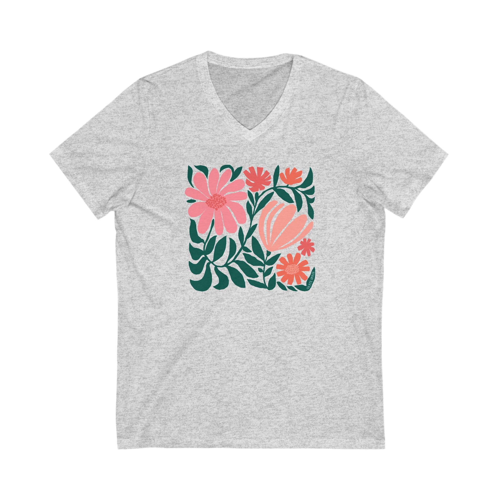 Minimalist floral graphic design with modern botanical illustrations printed on an pale gray heather colored premium vneck tshirt.